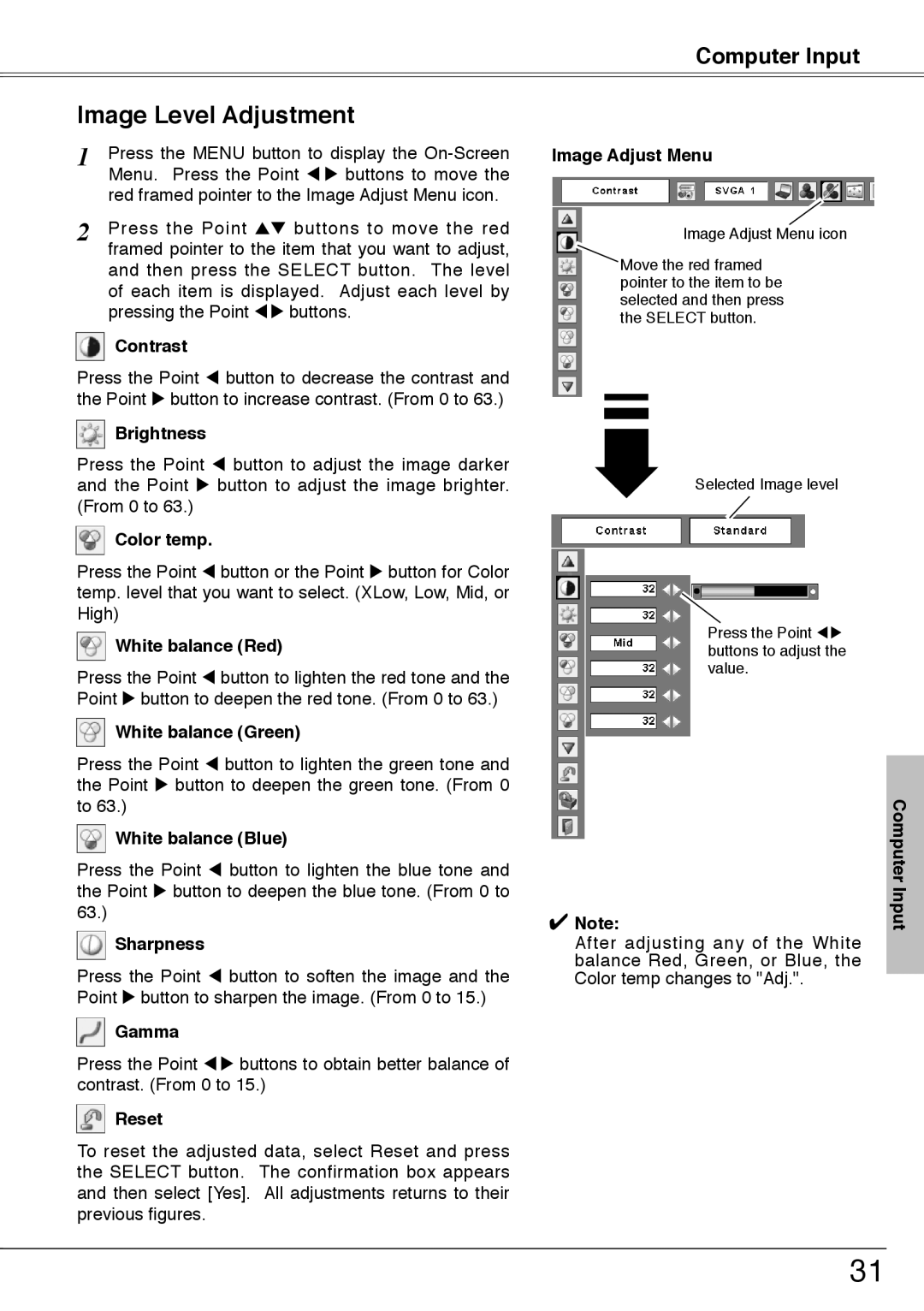 Sanyo PLC-XU74 owner manual Image Level Adjustment 