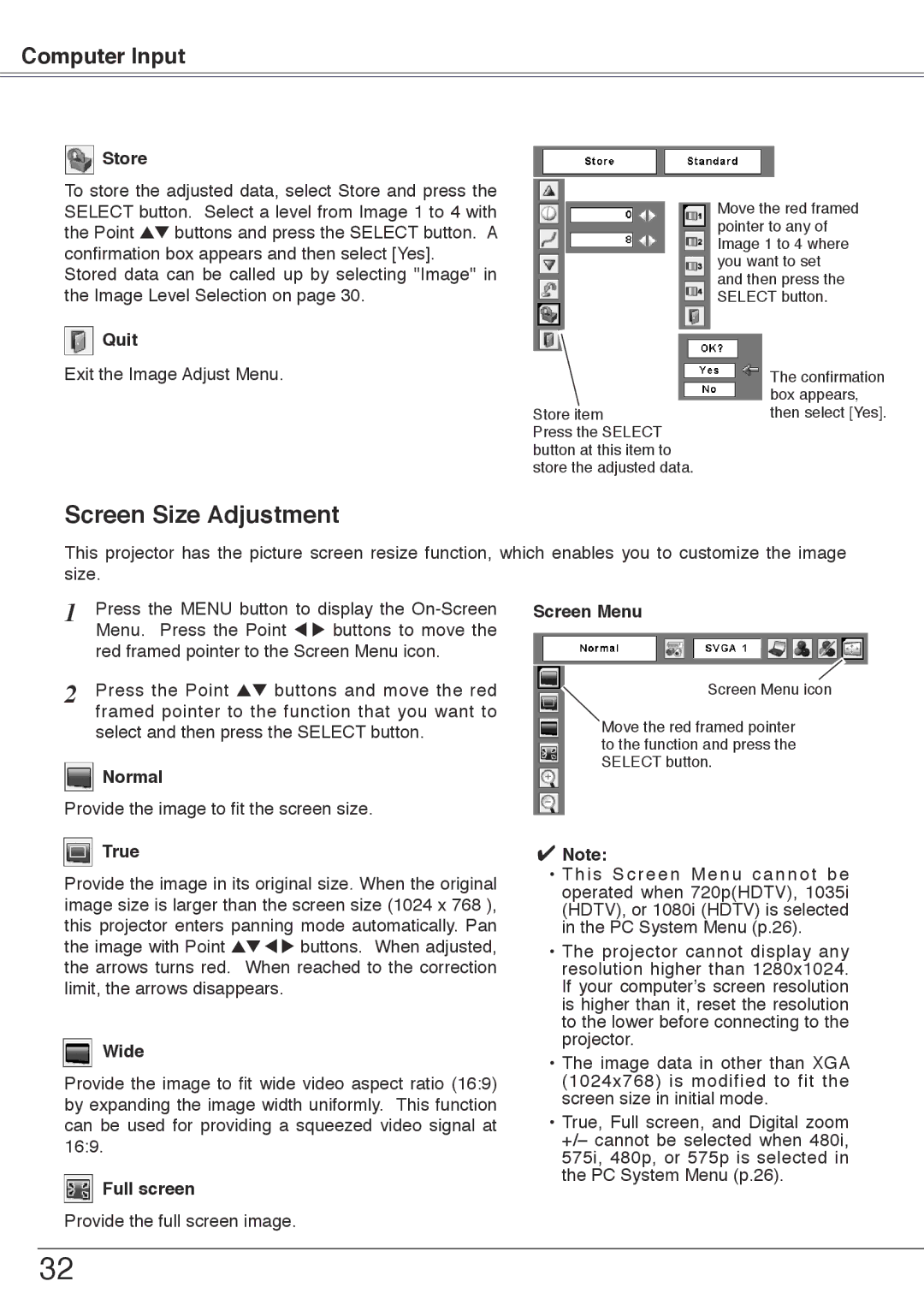 Sanyo PLC-XU74 owner manual Screen Size Adjustment, Normal, True, Wide, Full screen 