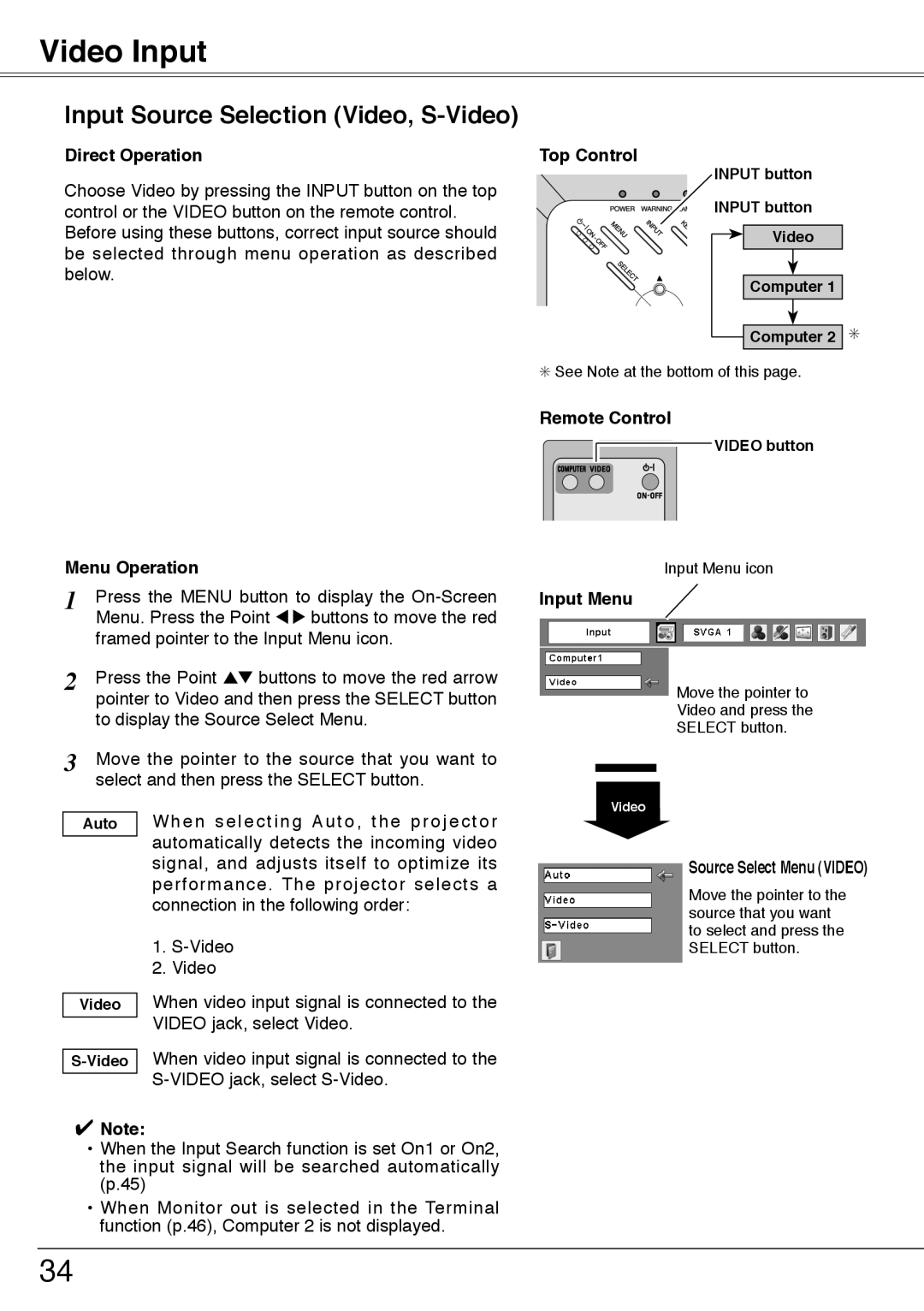 Sanyo PLC-XU74 owner manual Video Input, Input Source Selection Video, S-Video, Source Select Menu Video 