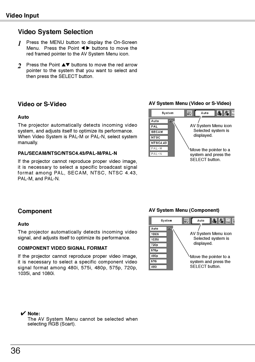 Sanyo PLC-XU74 owner manual Video System Selection, Auto, AV System Menu Video or S-Video, AV System Menu Component 