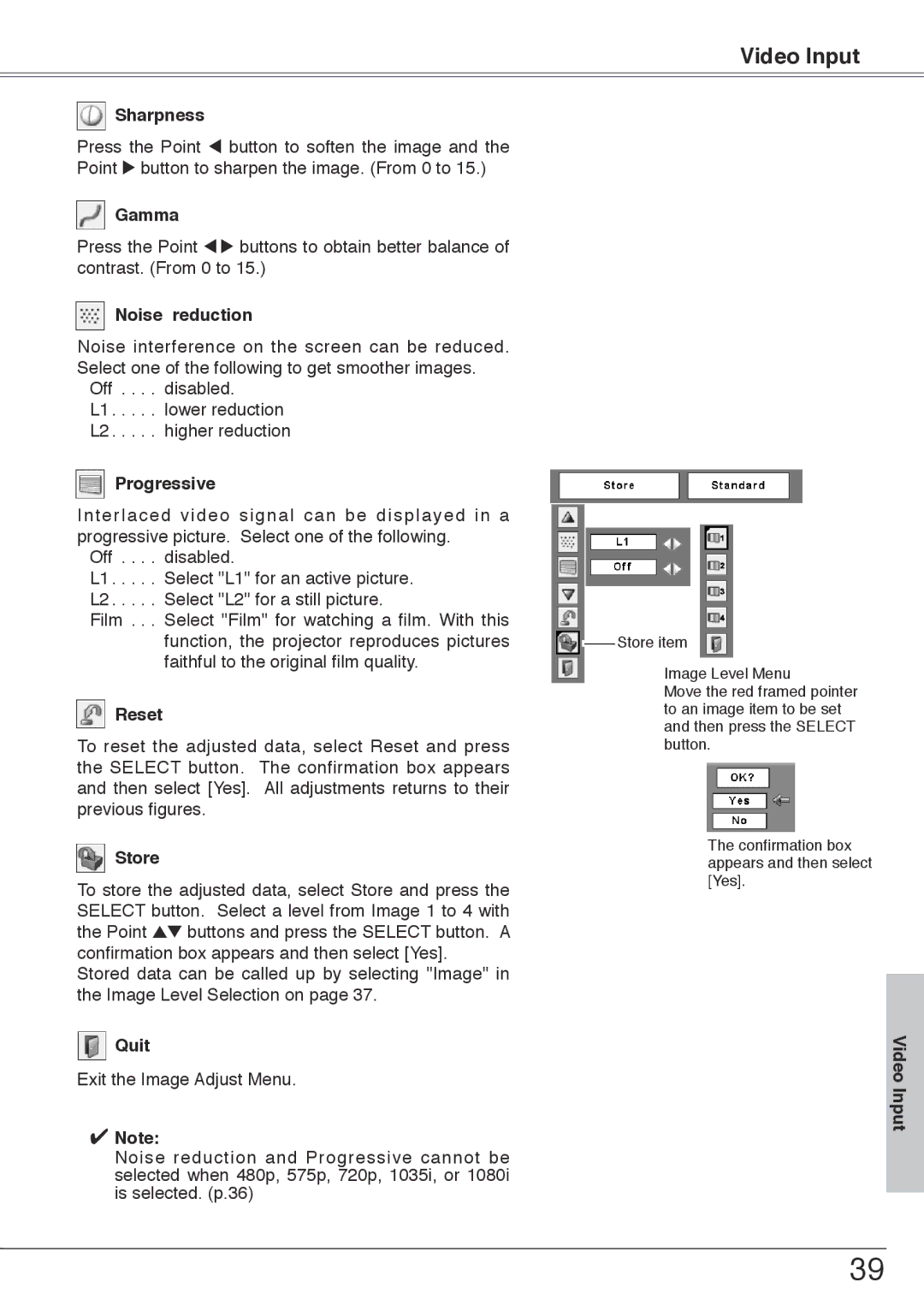 Sanyo PLC-XU74 owner manual Noise reduction, Progressive 