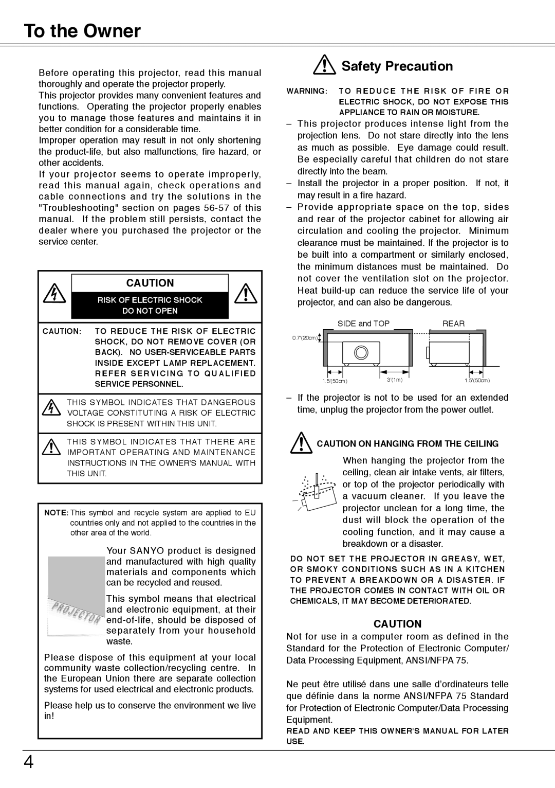 Sanyo PLC-XU74 owner manual To the Owner, Risk of Electric Shock Do not Open 