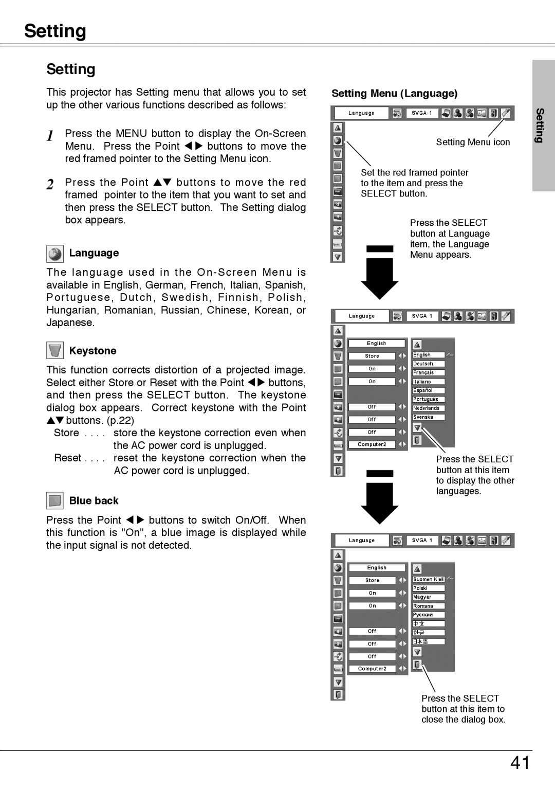 Sanyo PLC-XU74 owner manual Setting 