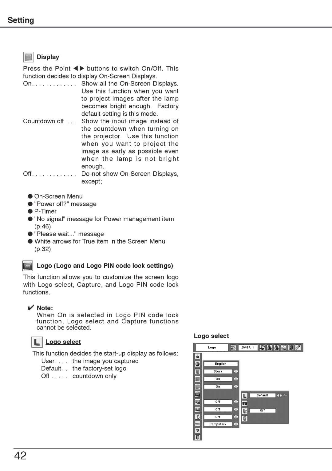 Sanyo PLC-XU74 owner manual Display, Logo Logo and Logo PIN code lock settings, Logo select 