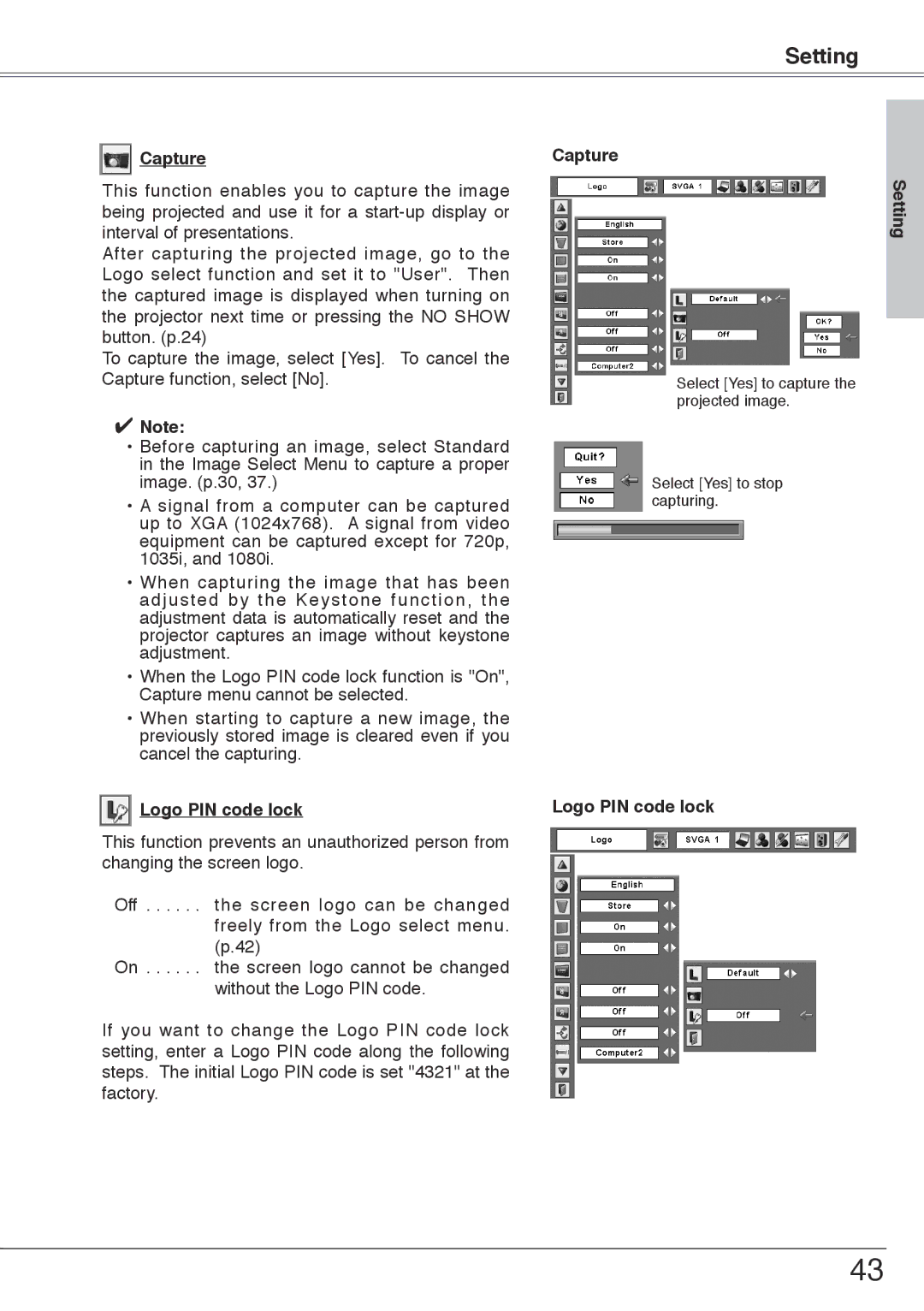 Sanyo PLC-XU74 owner manual Logo PIN code lock, Capture Setting 