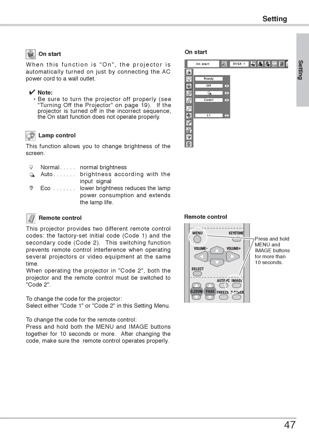 Sanyo PLC-XU74 owner manual On start, Lamp control 