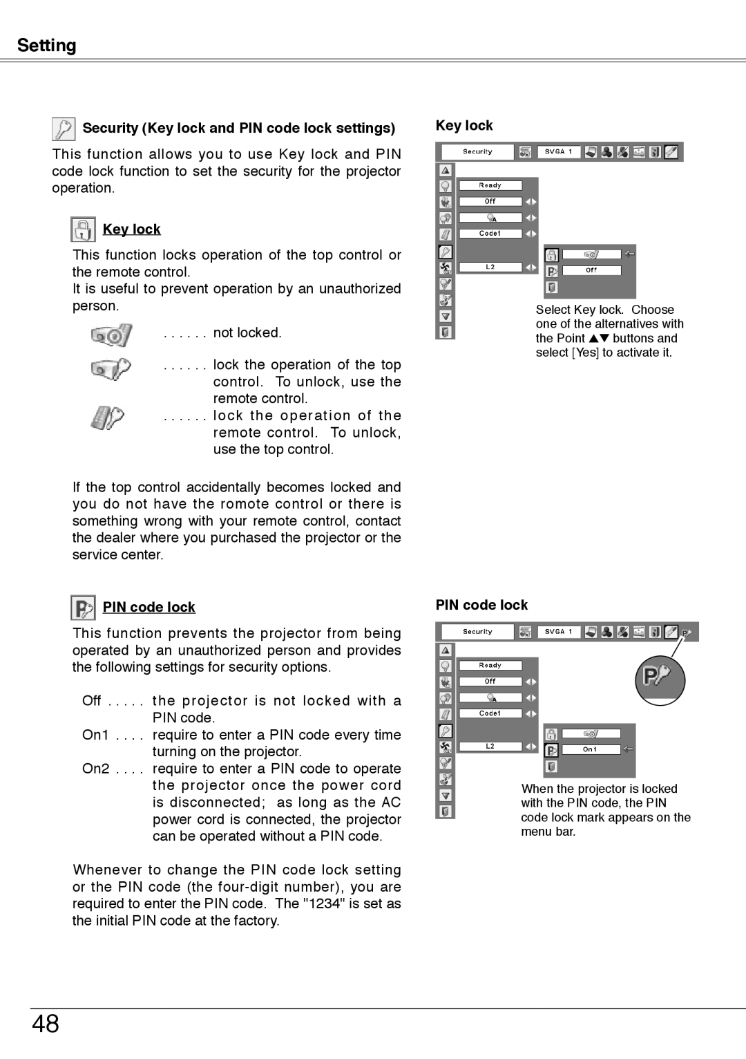 Sanyo PLC-XU74 owner manual Security Key lock and PIN code lock settings 