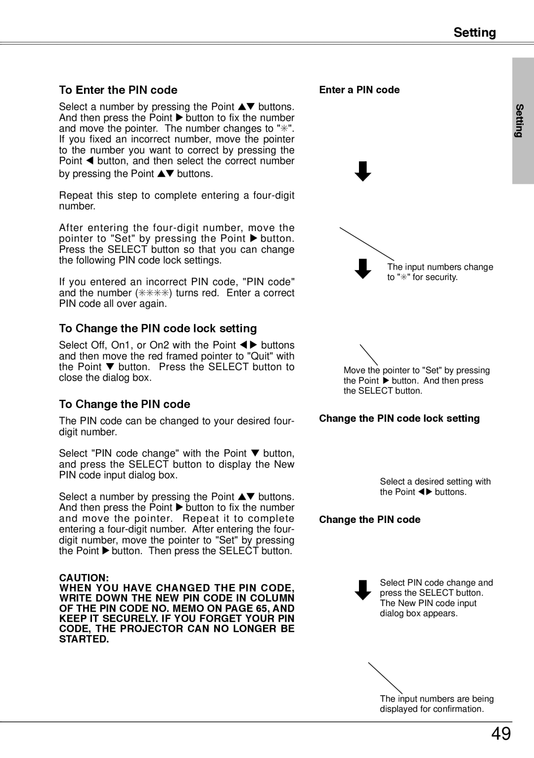 Sanyo PLC-XU74 owner manual Change the PIN code lock setting 