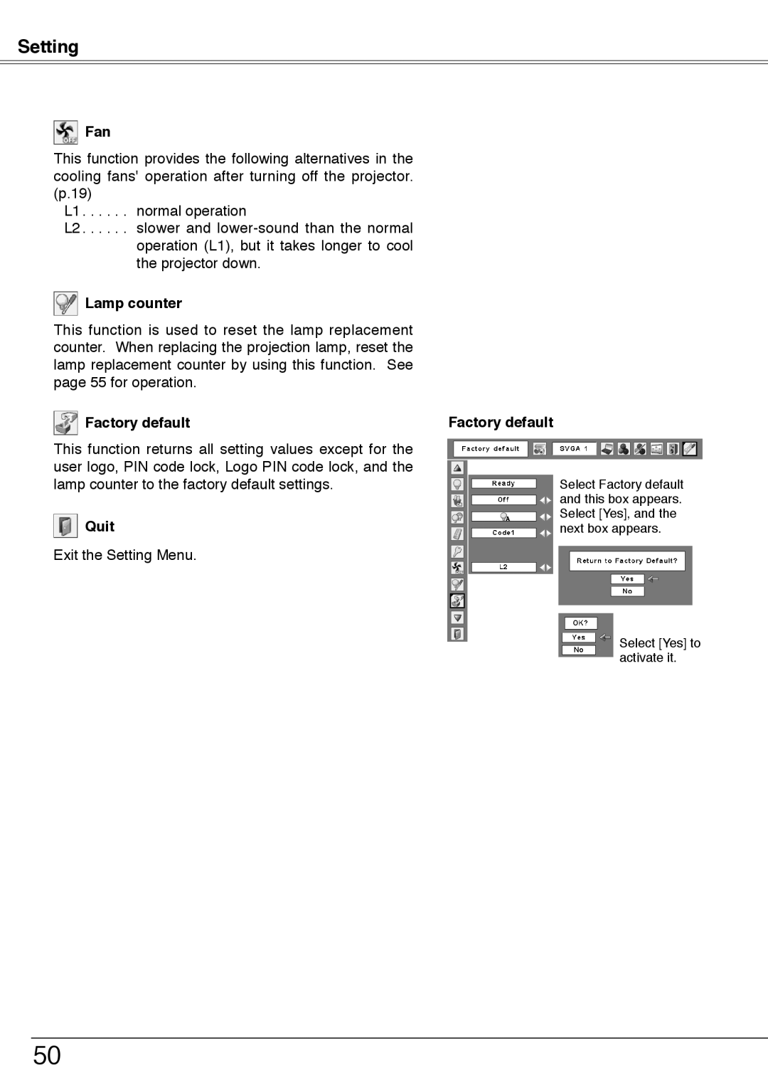 Sanyo PLC-XU74 owner manual Fan, Lamp counter, Factory default 