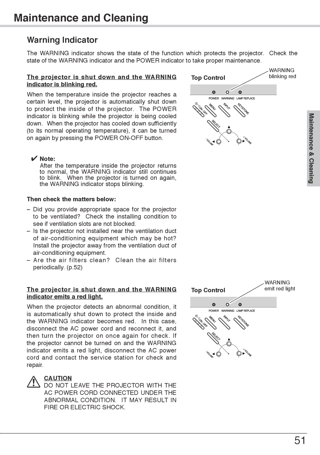 Sanyo PLC-XU74 owner manual Maintenance and Cleaning, Then check the matters below, Maintenance & Cleaning 