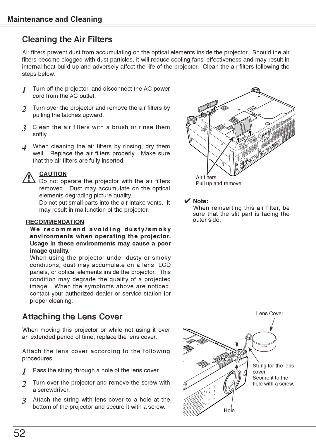 Sanyo PLC-XU74 owner manual Cleaning the Air Filters, Attaching the Lens Cover 