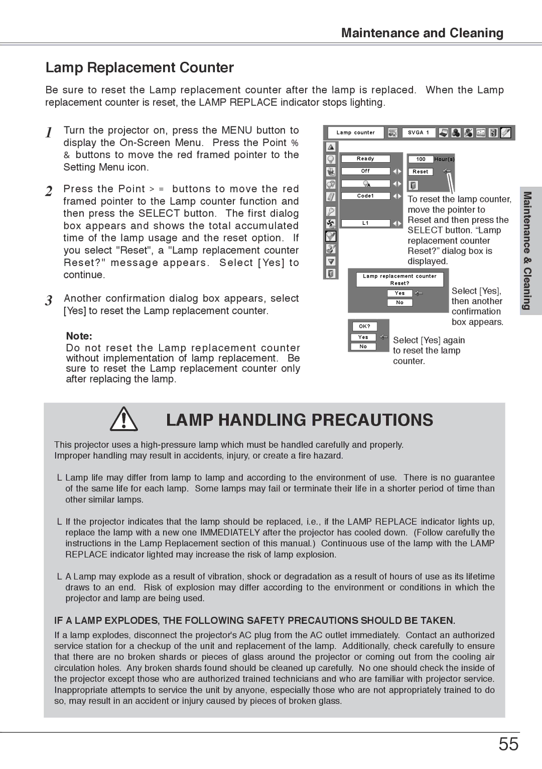 Sanyo PLC-XU74 owner manual Lamp Handling Precautions, Lamp Replacement Counter 