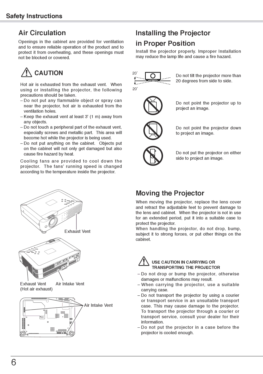 Sanyo PLC-XU74 owner manual Air Circulation, Installing the Projector in Proper Position, Moving the Projector 