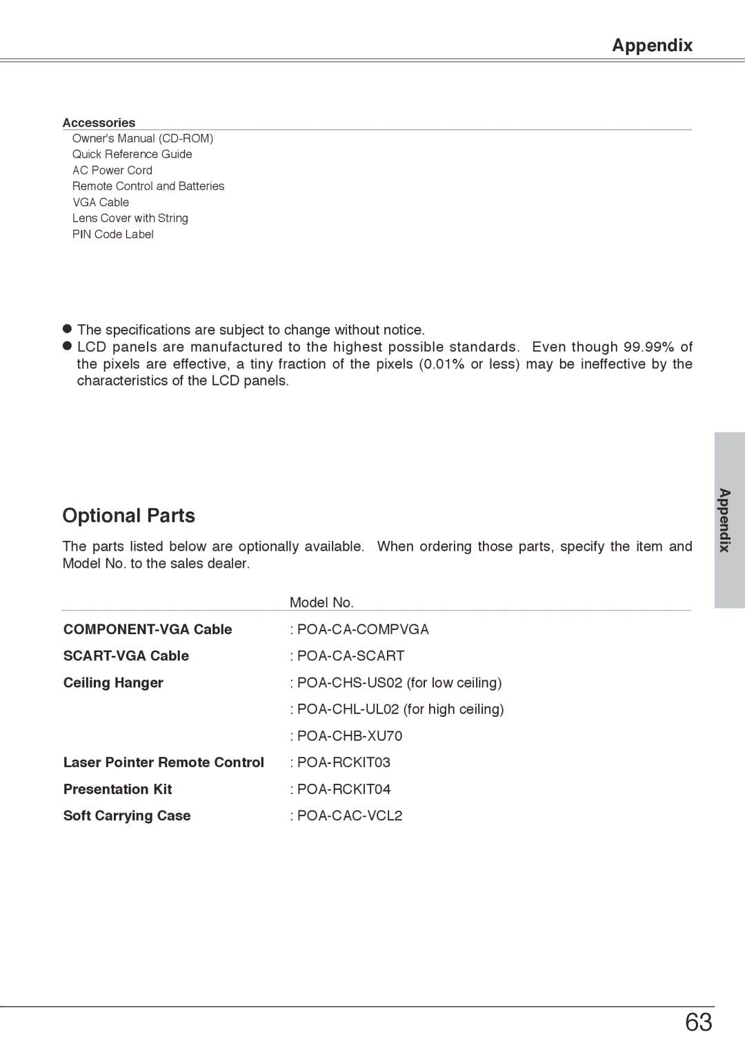 Sanyo PLC-XU74 owner manual Optional Parts 