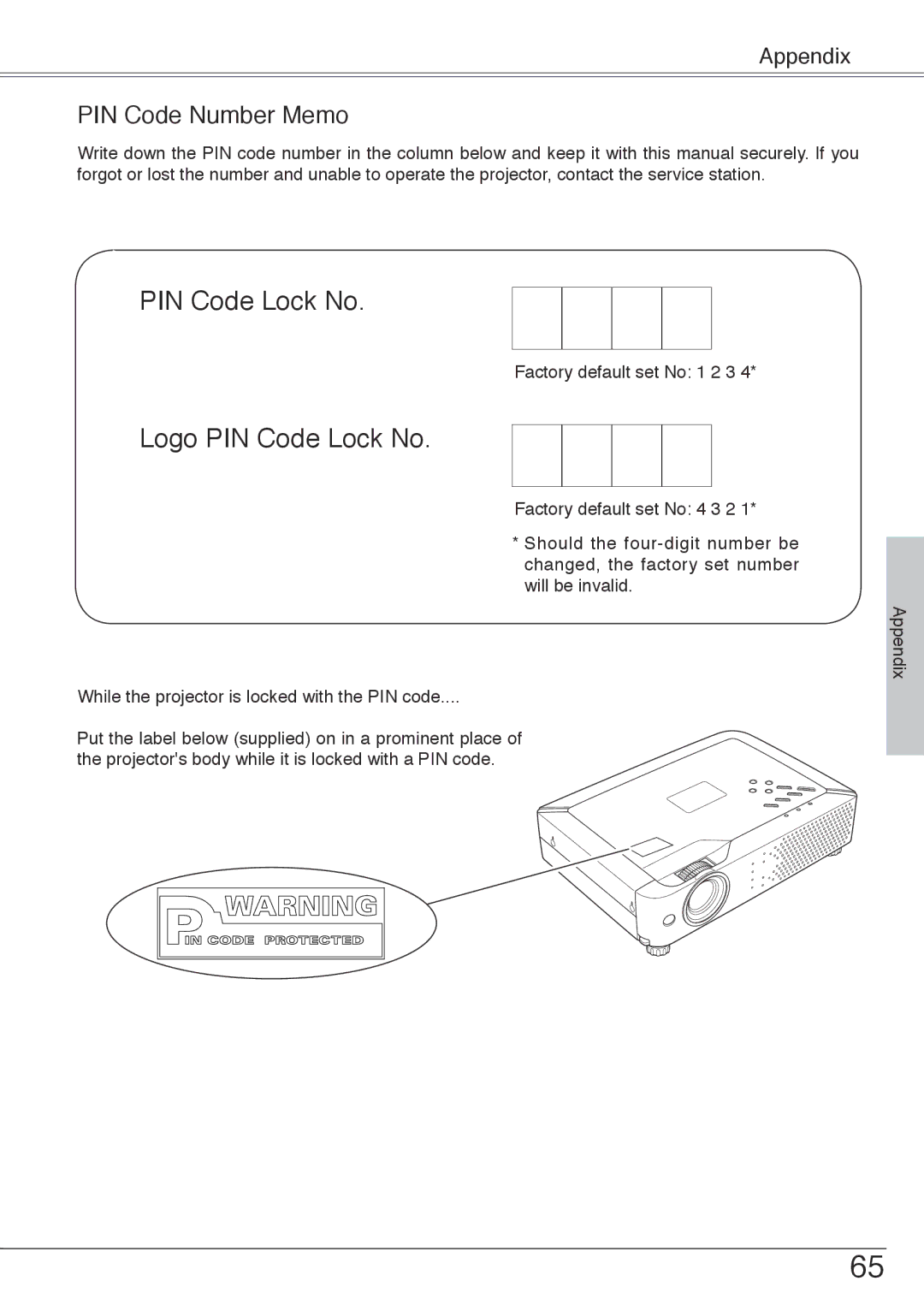 Sanyo PLC-XU74 owner manual Logo PIN Code Lock No, PIN Code Number Memo 