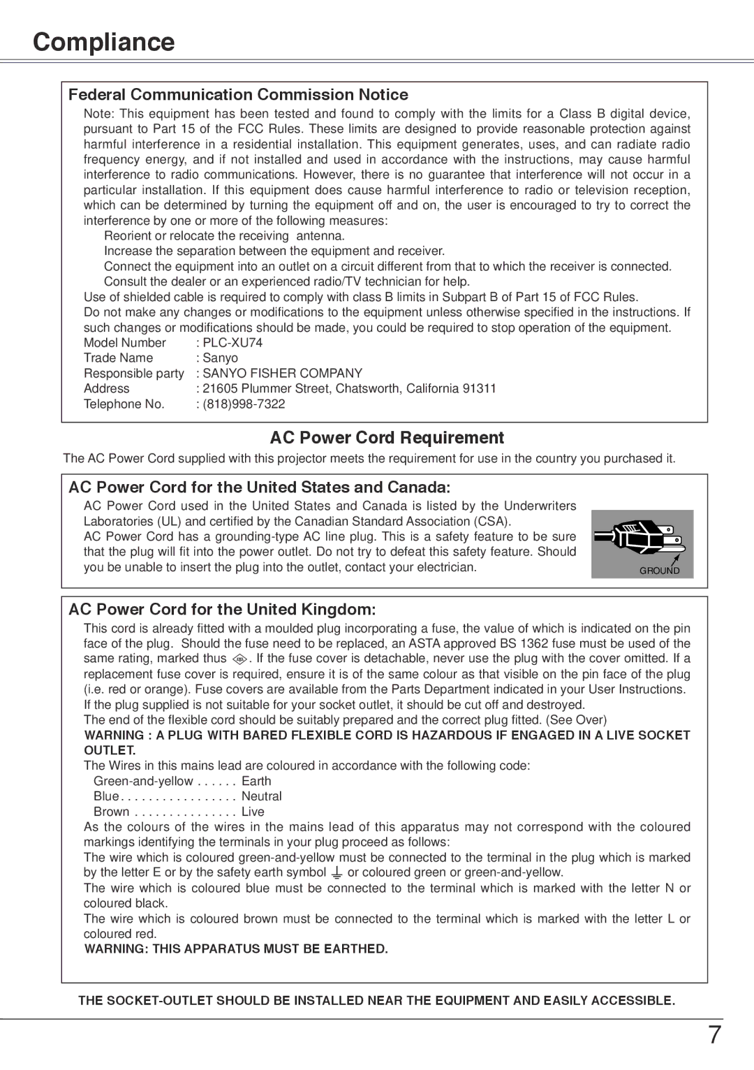 Sanyo PLC-XU74 owner manual Compliance, Federal Communication Commission Notice 