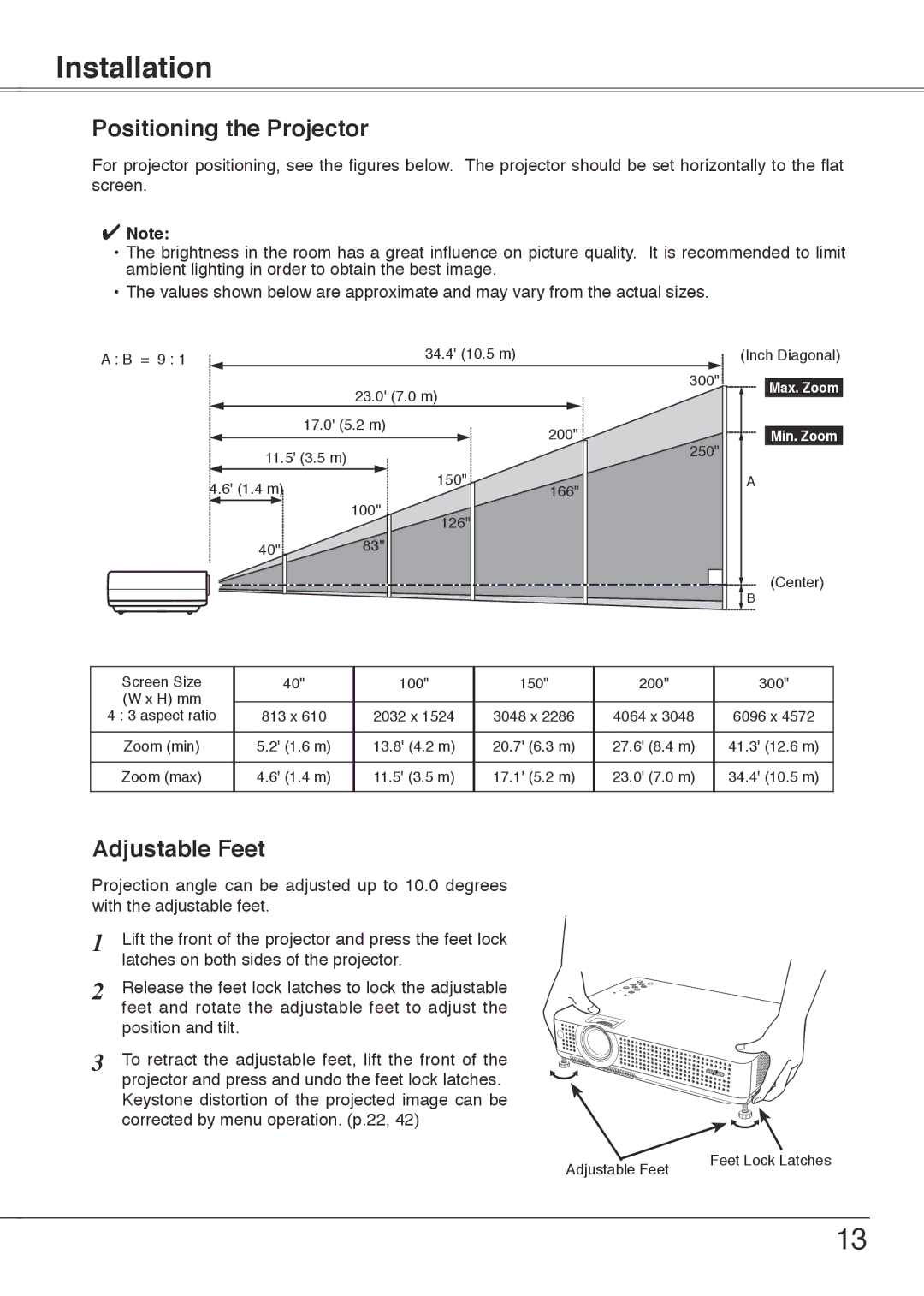 Sanyo PLC-XU75, PLC-XU78 owner manual Installation, Positioning the Projector, Adjustable Feet 