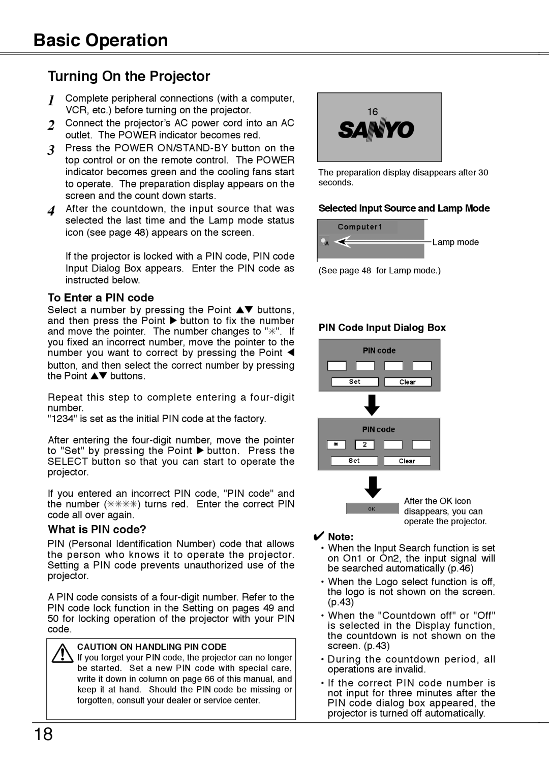 Sanyo PLC-XU78 Basic Operation, Turning On the Projector, Selected Input Source and Lamp Mode, PIN Code Input Dialog Box 