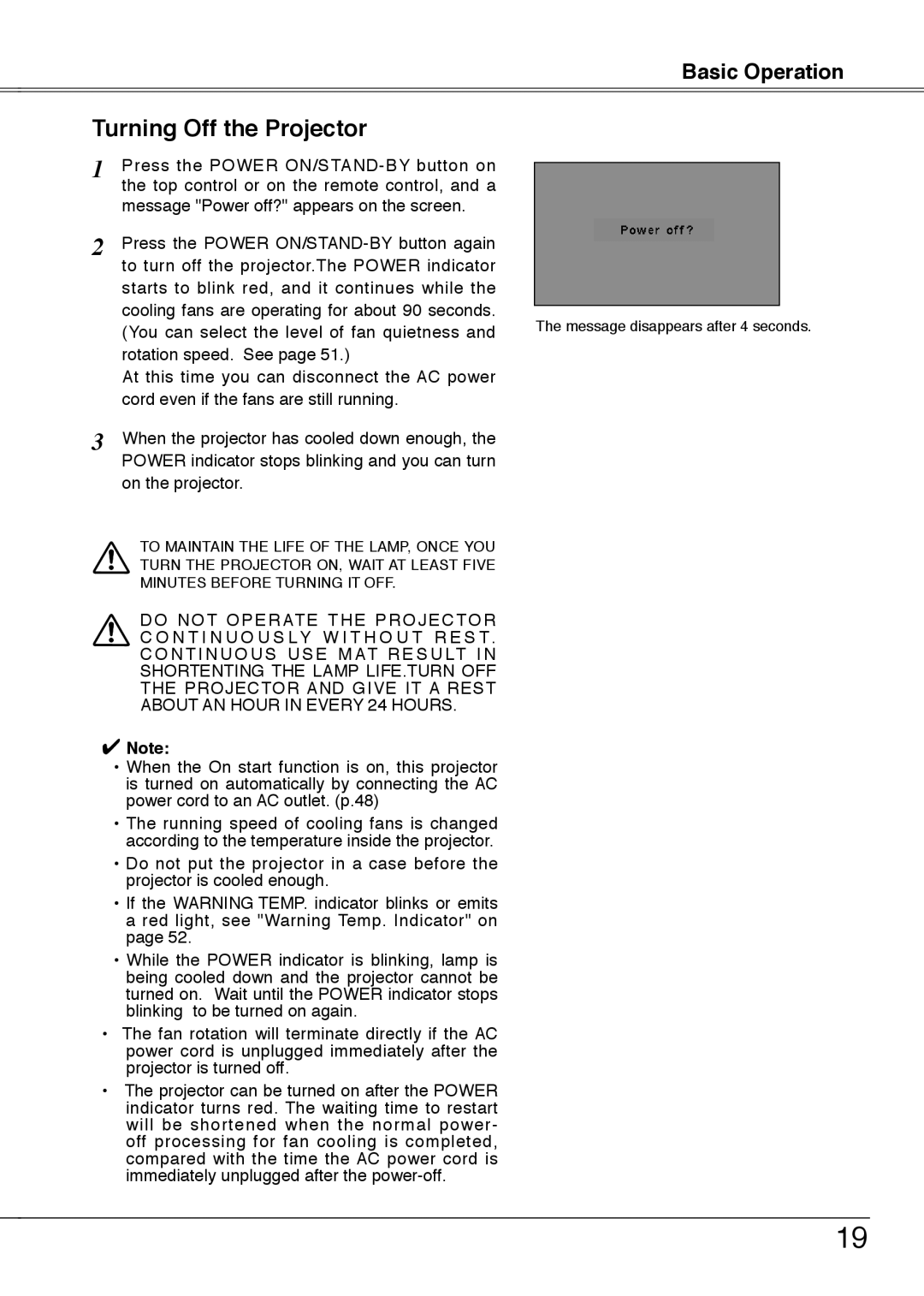 Sanyo PLC-XU75, PLC-XU78 owner manual Turning Off the Projector 