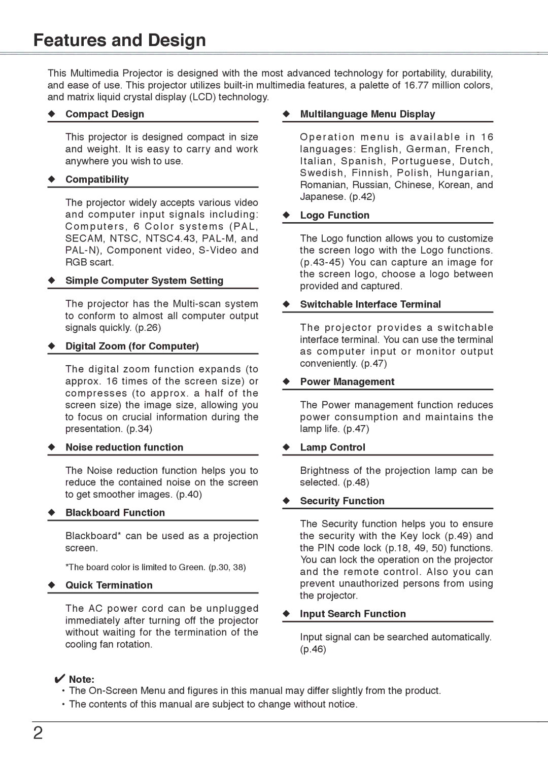 Sanyo PLC-XU78, PLC-XU75 owner manual Features and Design 