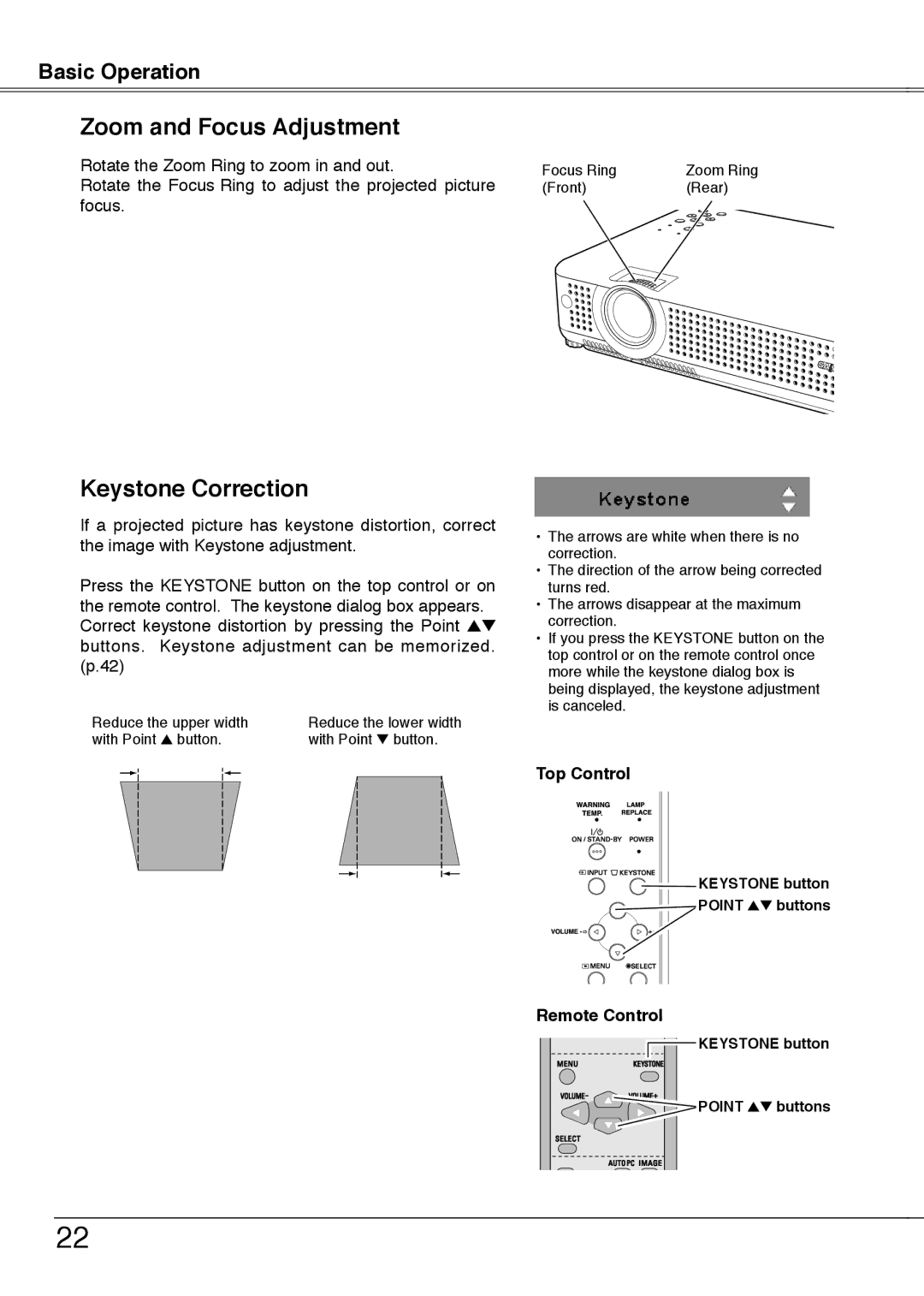 Sanyo PLC-XU78, PLC-XU75 owner manual Zoom and Focus Adjustment, Keystone Correction 