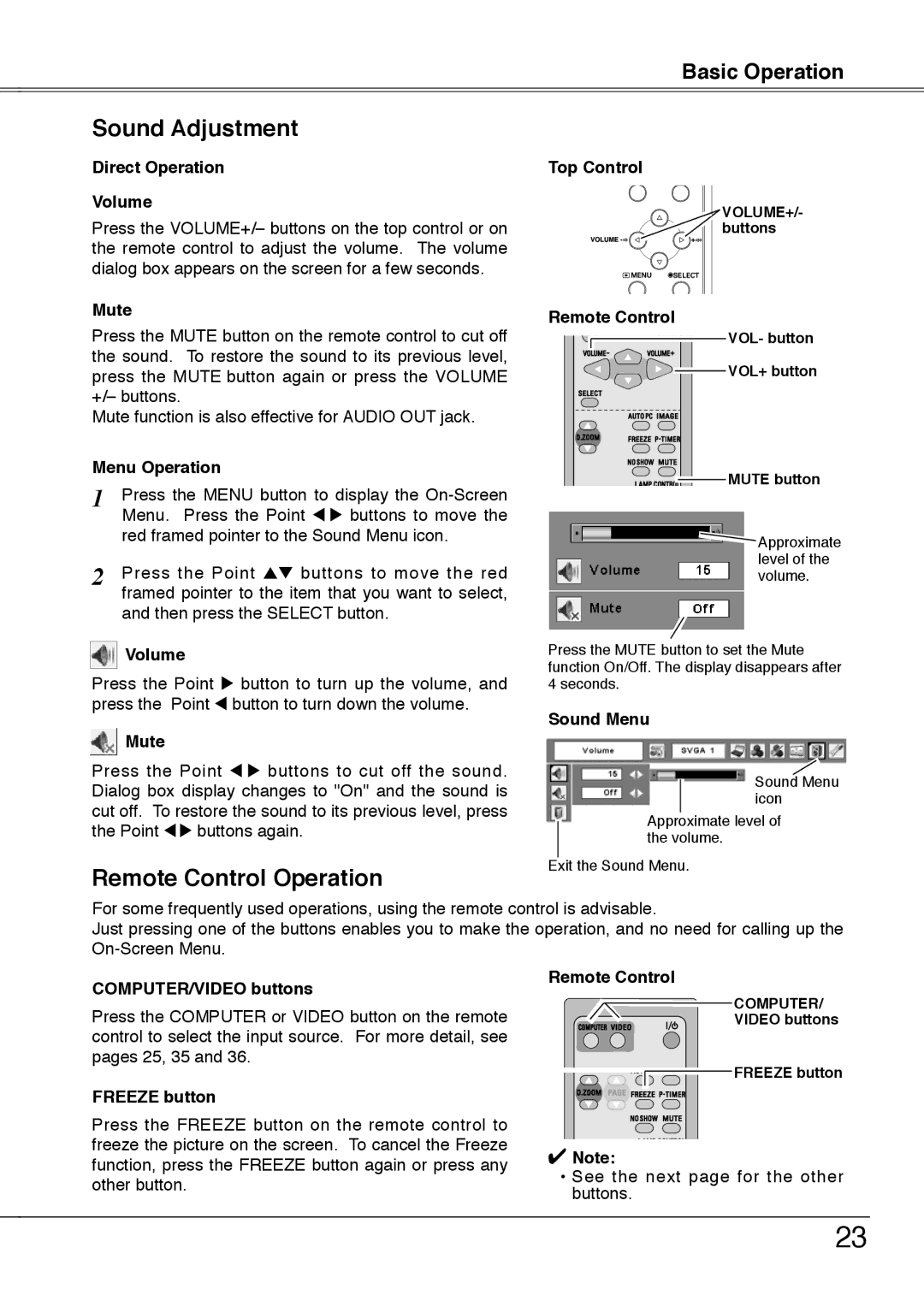 Sanyo PLC-XU75, PLC-XU78 owner manual Sound Adjustment, Remote Control Operation 