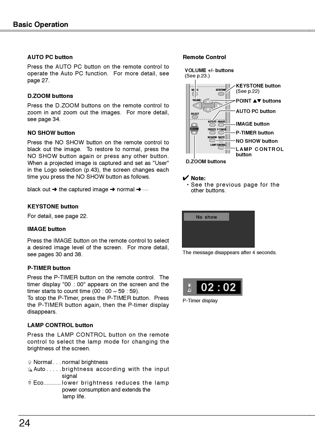 Sanyo PLC-XU78, PLC-XU75 owner manual Auto PC button, Zoom buttons, Image button, Timer button, Lamp Control button 