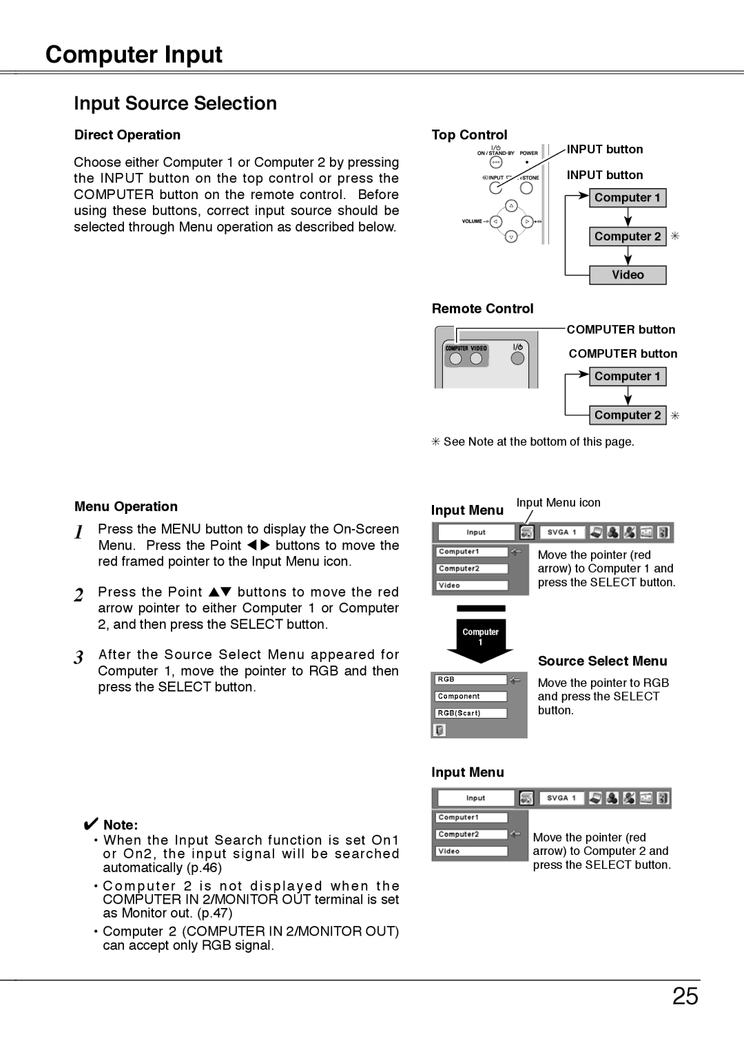 Sanyo PLC-XU75, PLC-XU78 owner manual Computer Input, Input Source Selection, Direct Operation, Source Select Menu 