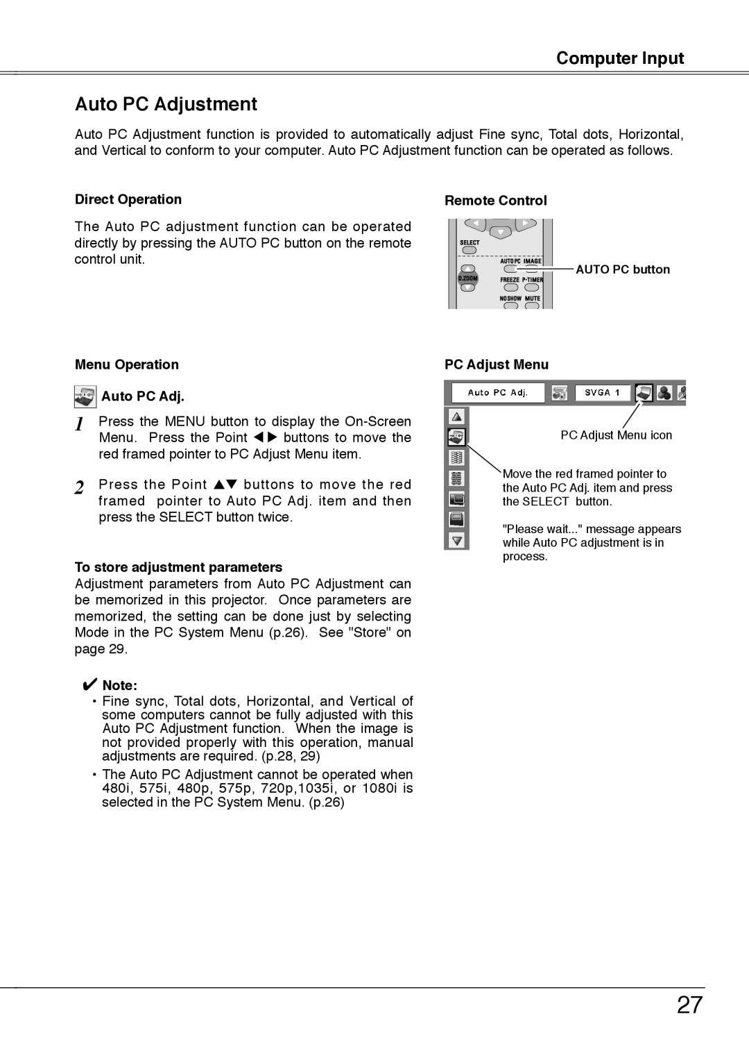 Sanyo PLC-XU75, PLC-XU78 owner manual Auto PC Adjustment, Menu Operation Auto PC Adj, To store adjustment parameters 