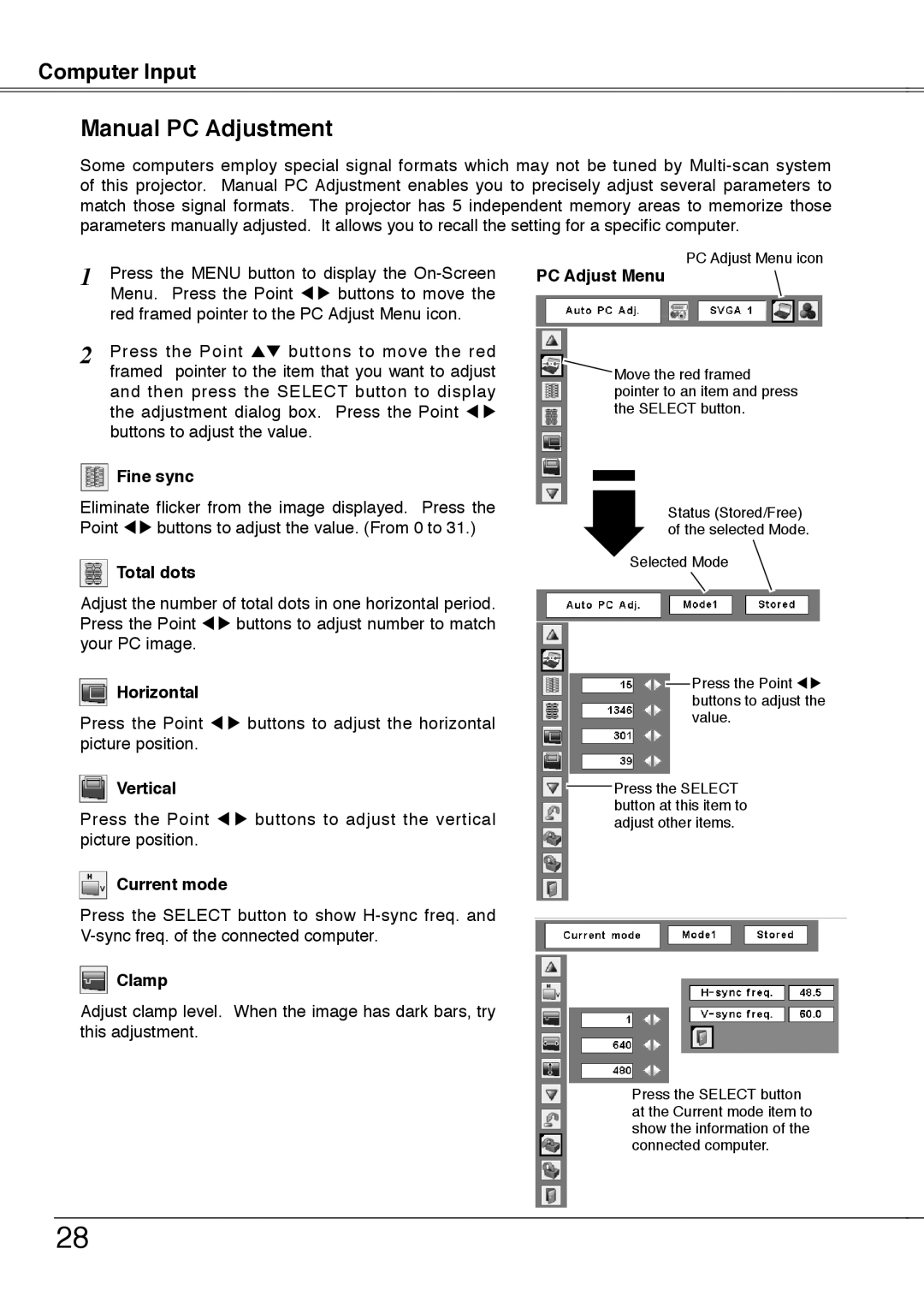 Sanyo PLC-XU78, PLC-XU75 owner manual Manual PC Adjustment 