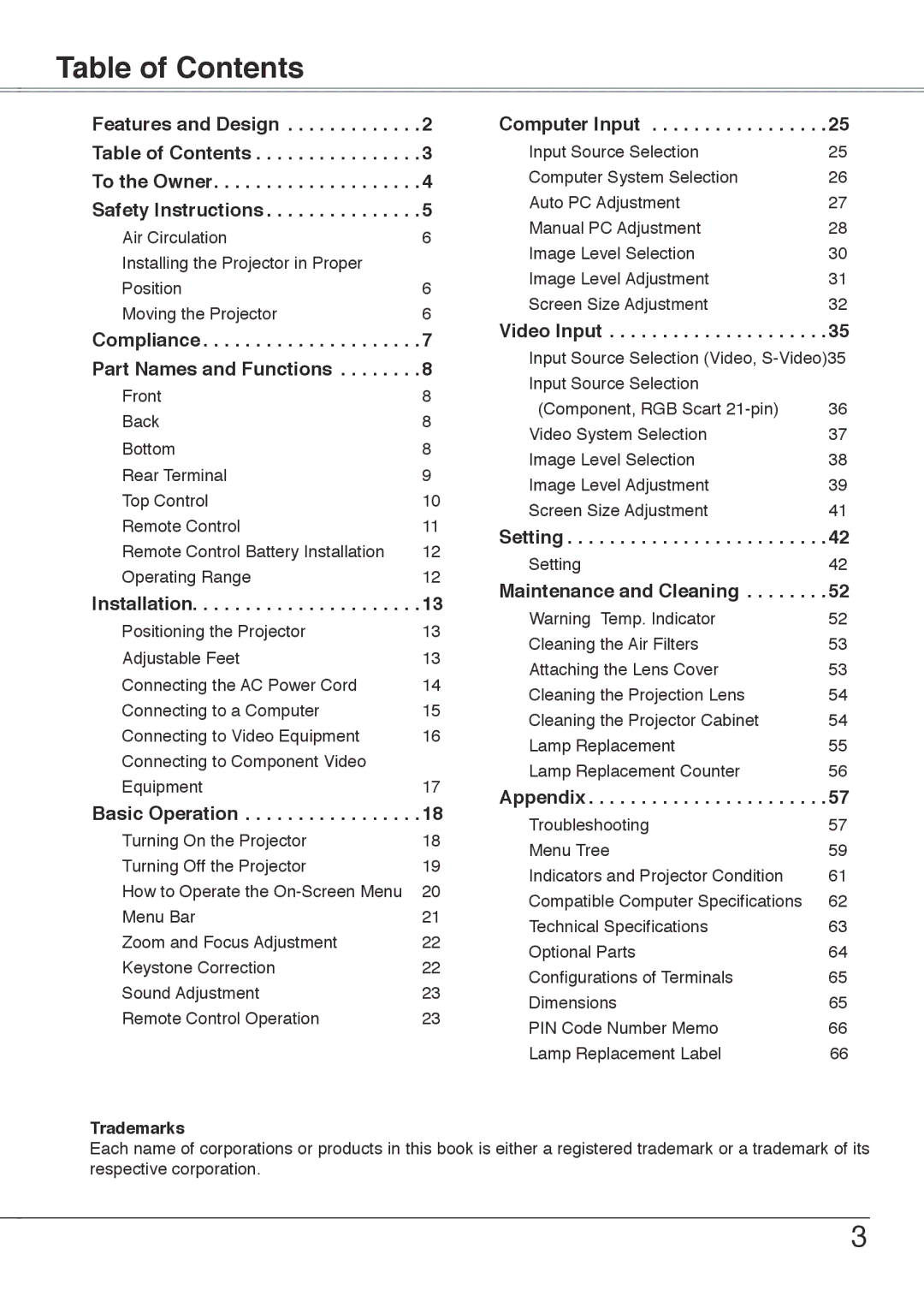 Sanyo PLC-XU75, PLC-XU78 owner manual Table of Contents 