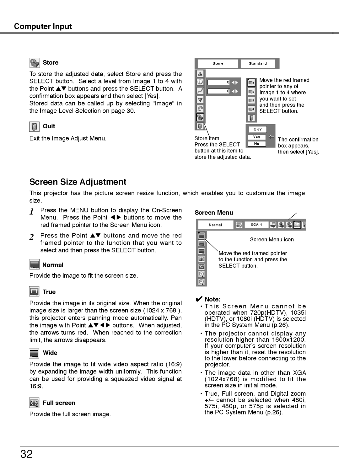 Sanyo PLC-XU78, PLC-XU75 owner manual Screen Size Adjustment, Normal, True, Wide, Full screen 