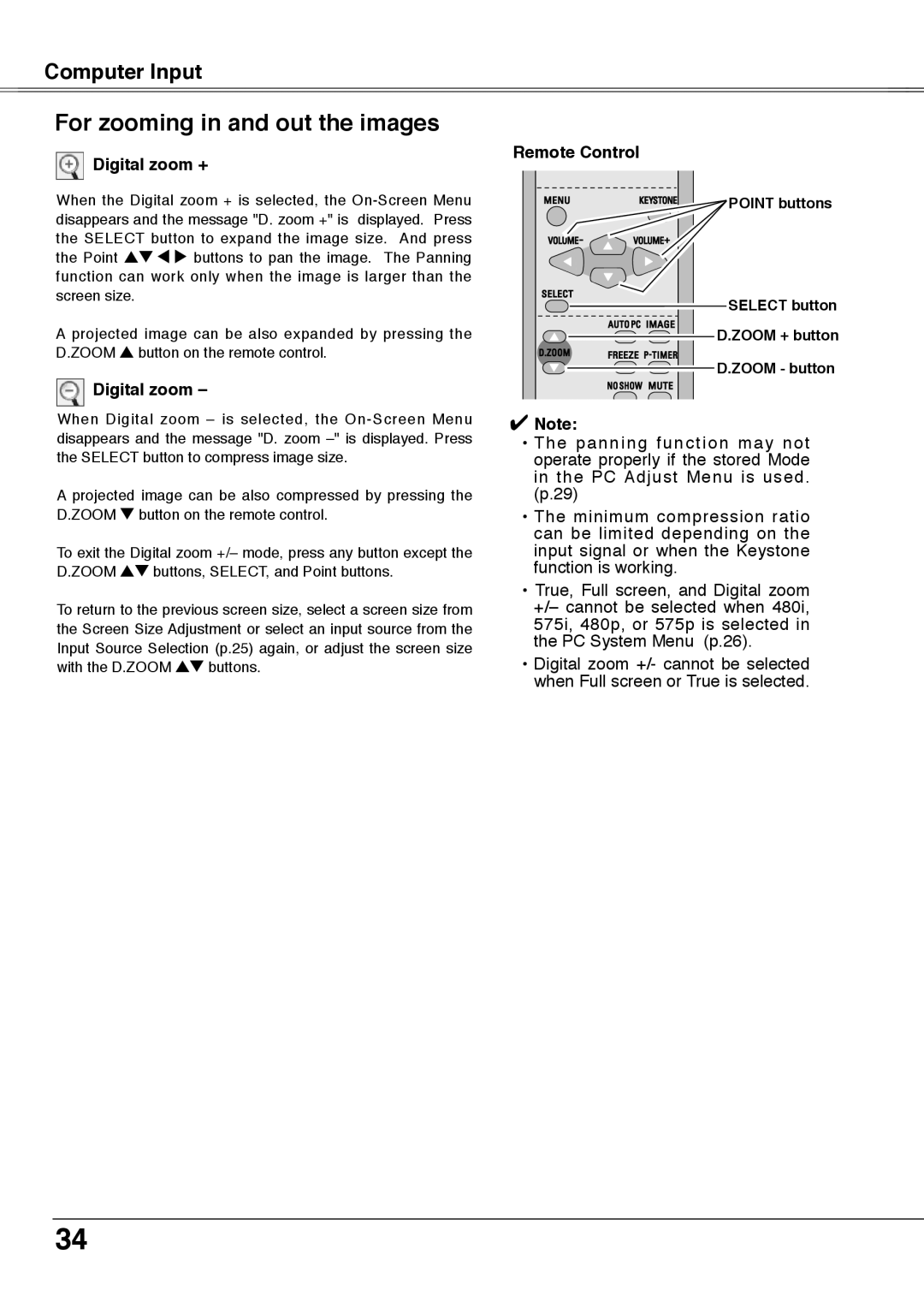 Sanyo PLC-XU78, PLC-XU75 owner manual For zooming in and out the images, Digital zoom + 