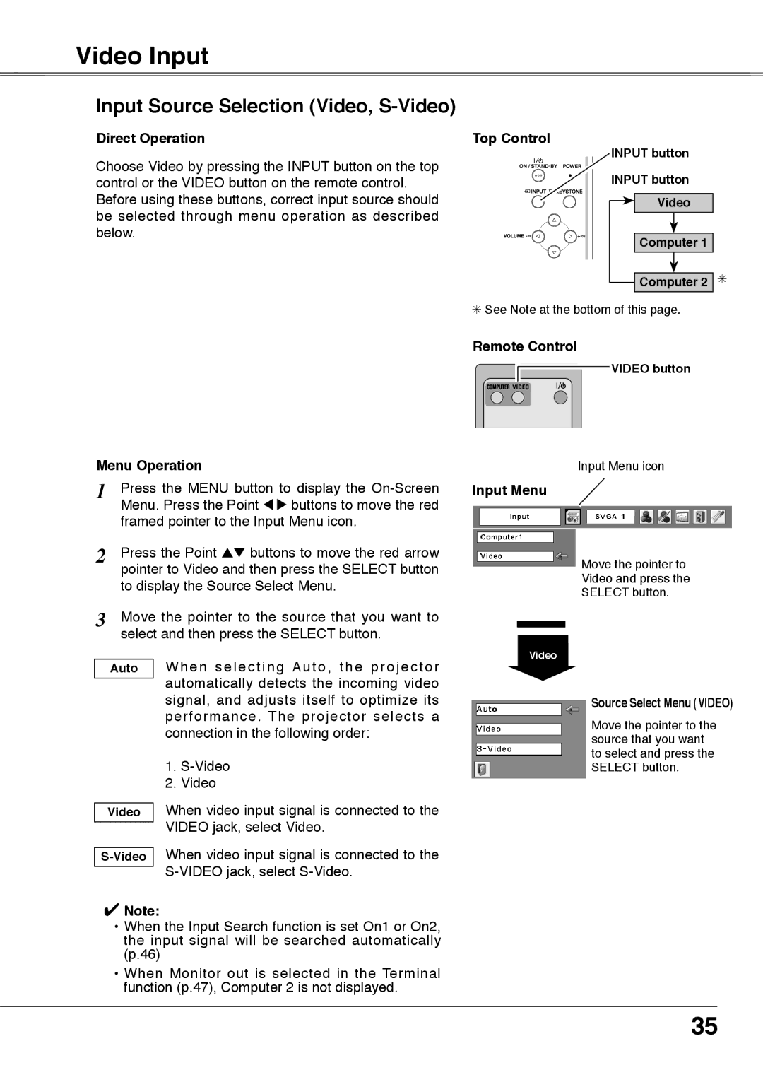 Sanyo PLC-XU75, PLC-XU78 owner manual Video Input, Input Source Selection Video, S-Video, Source Select Menu Video 