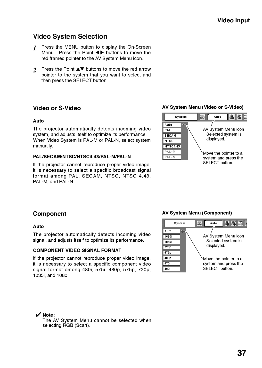 Sanyo PLC-XU75, PLC-XU78 Video System Selection, Auto, AV System Menu Video or S-Video, AV System Menu Component 