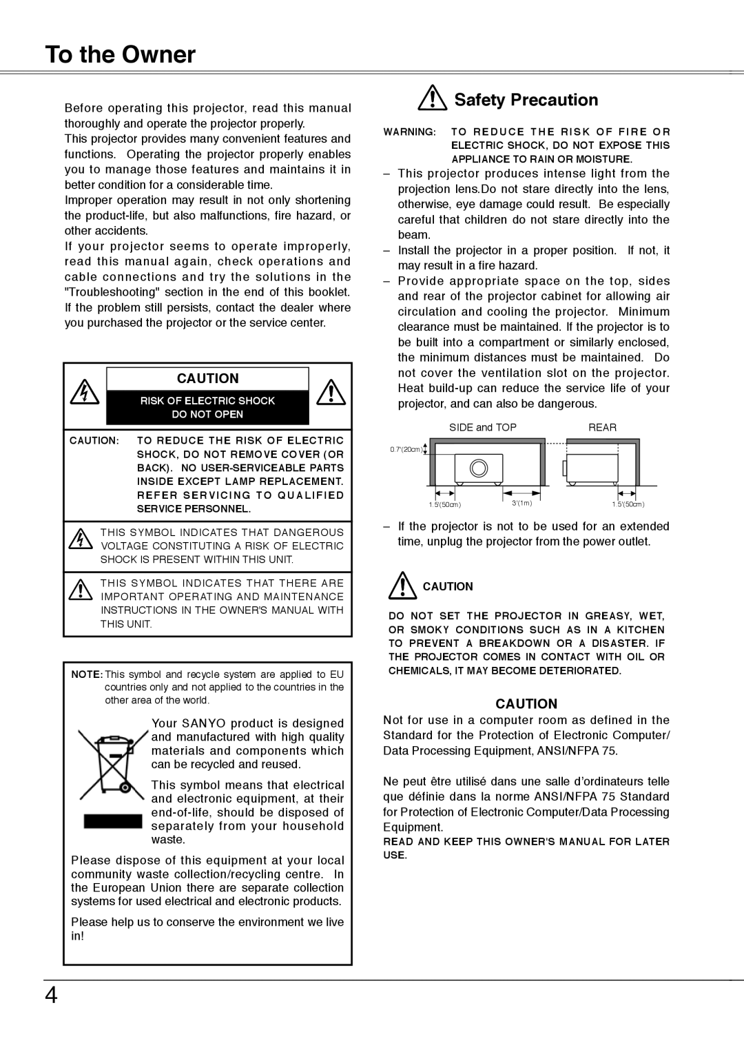 Sanyo PLC-XU78, PLC-XU75 owner manual To the Owner, Risk of Electric Shock Do not Open 