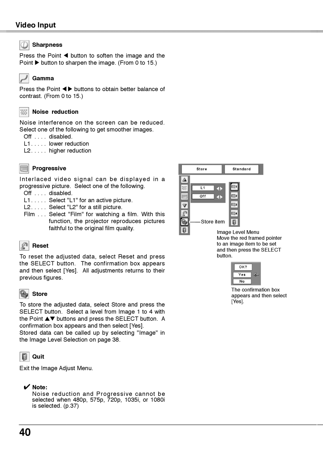 Sanyo PLC-XU78, PLC-XU75 owner manual Noise reduction, Progressive 