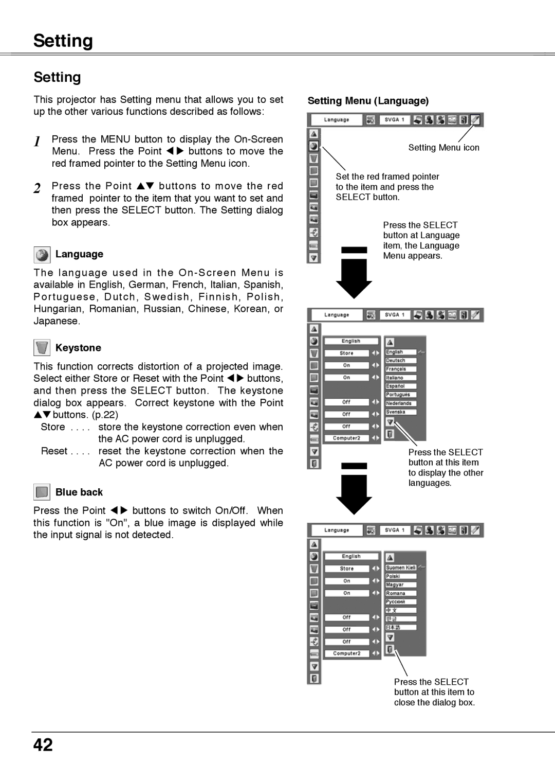 Sanyo PLC-XU78, PLC-XU75 owner manual Setting 