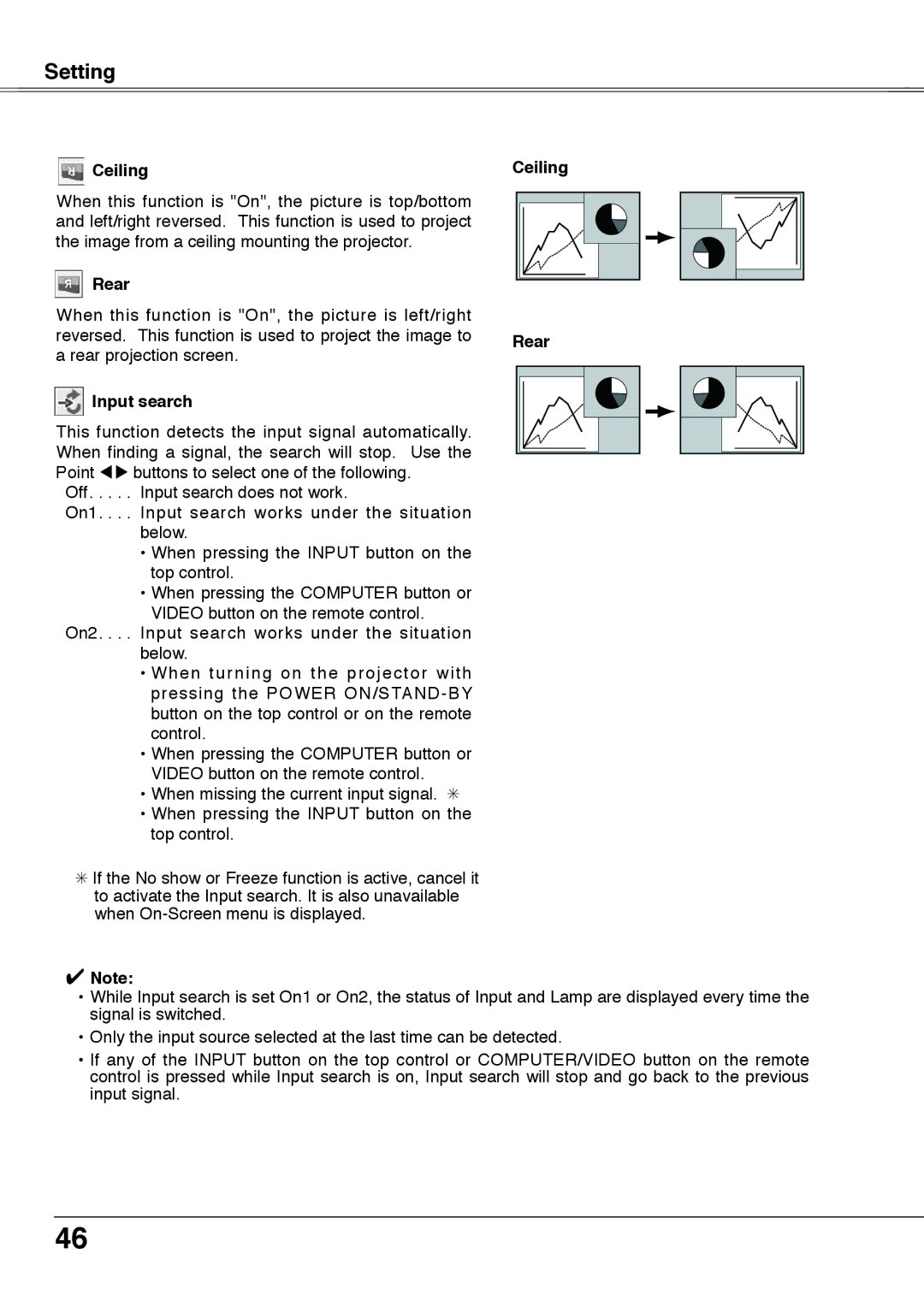 Sanyo PLC-XU78, PLC-XU75 owner manual Input search, Ceiling Rear 