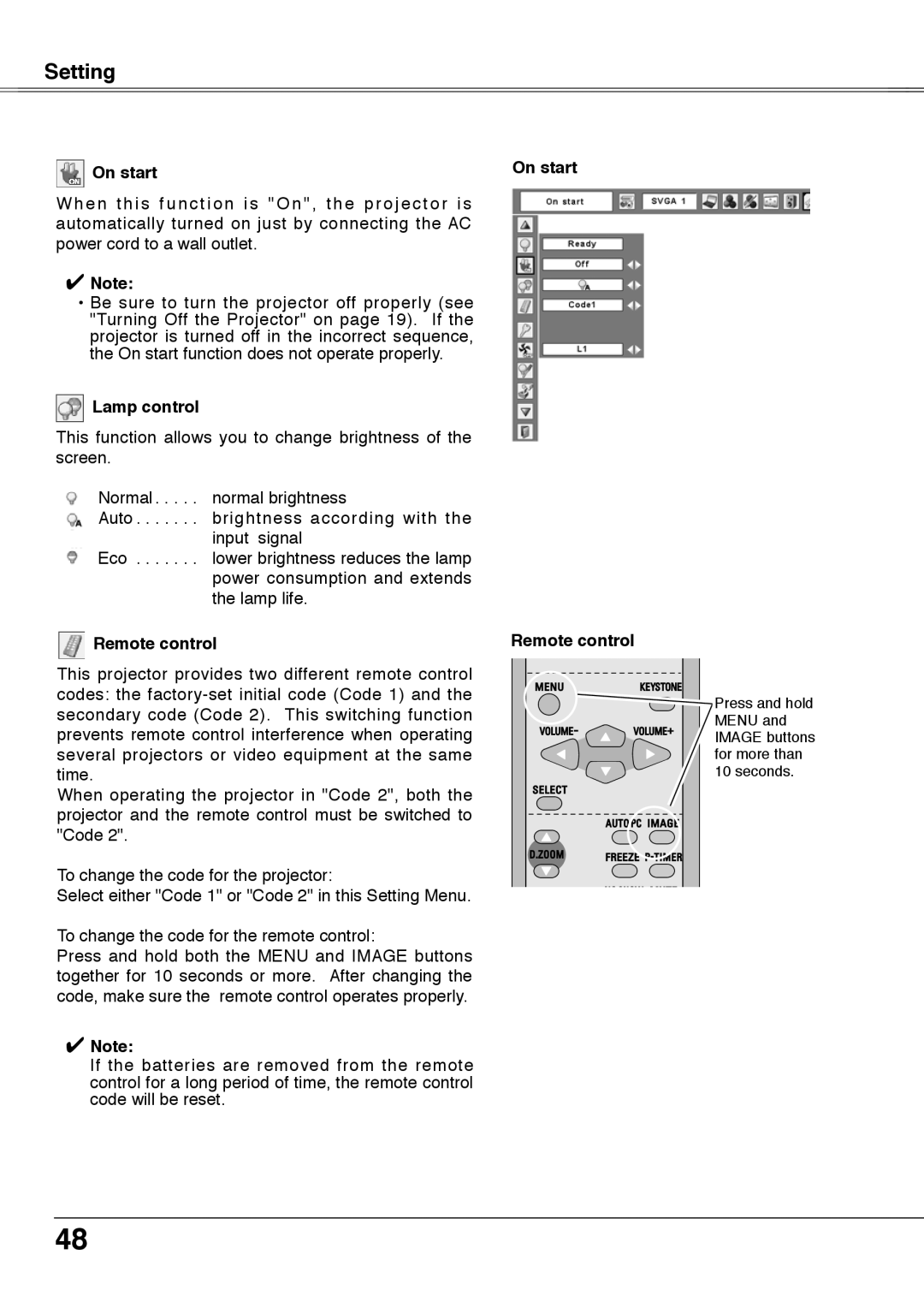 Sanyo PLC-XU78, PLC-XU75 owner manual On start, Lamp control 