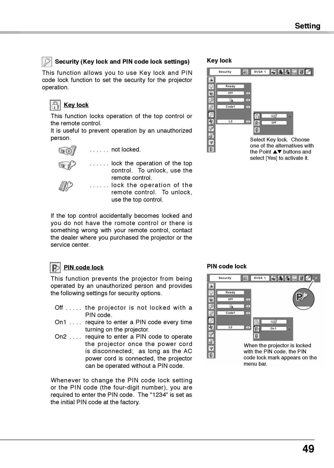 Sanyo PLC-XU75, PLC-XU78 owner manual Security Key lock and PIN code lock settings 