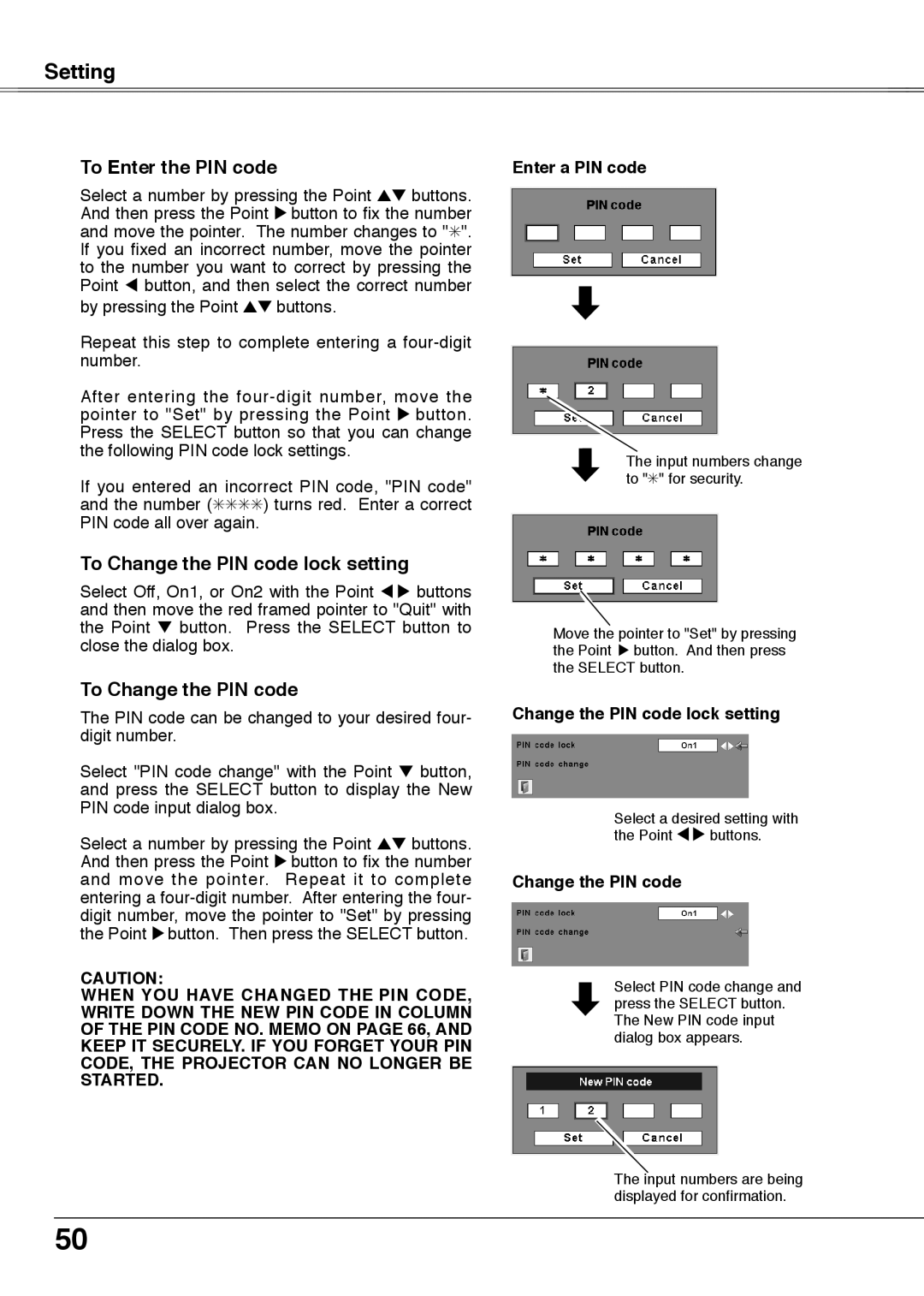 Sanyo PLC-XU78, PLC-XU75 owner manual Change the PIN code lock setting 