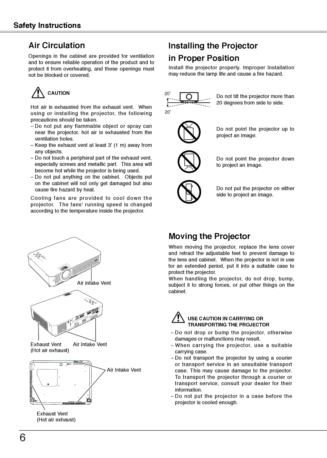 Sanyo PLC-XU78, PLC-XU75 owner manual Air Circulation, Installing the Projector in Proper Position, Moving the Projector 