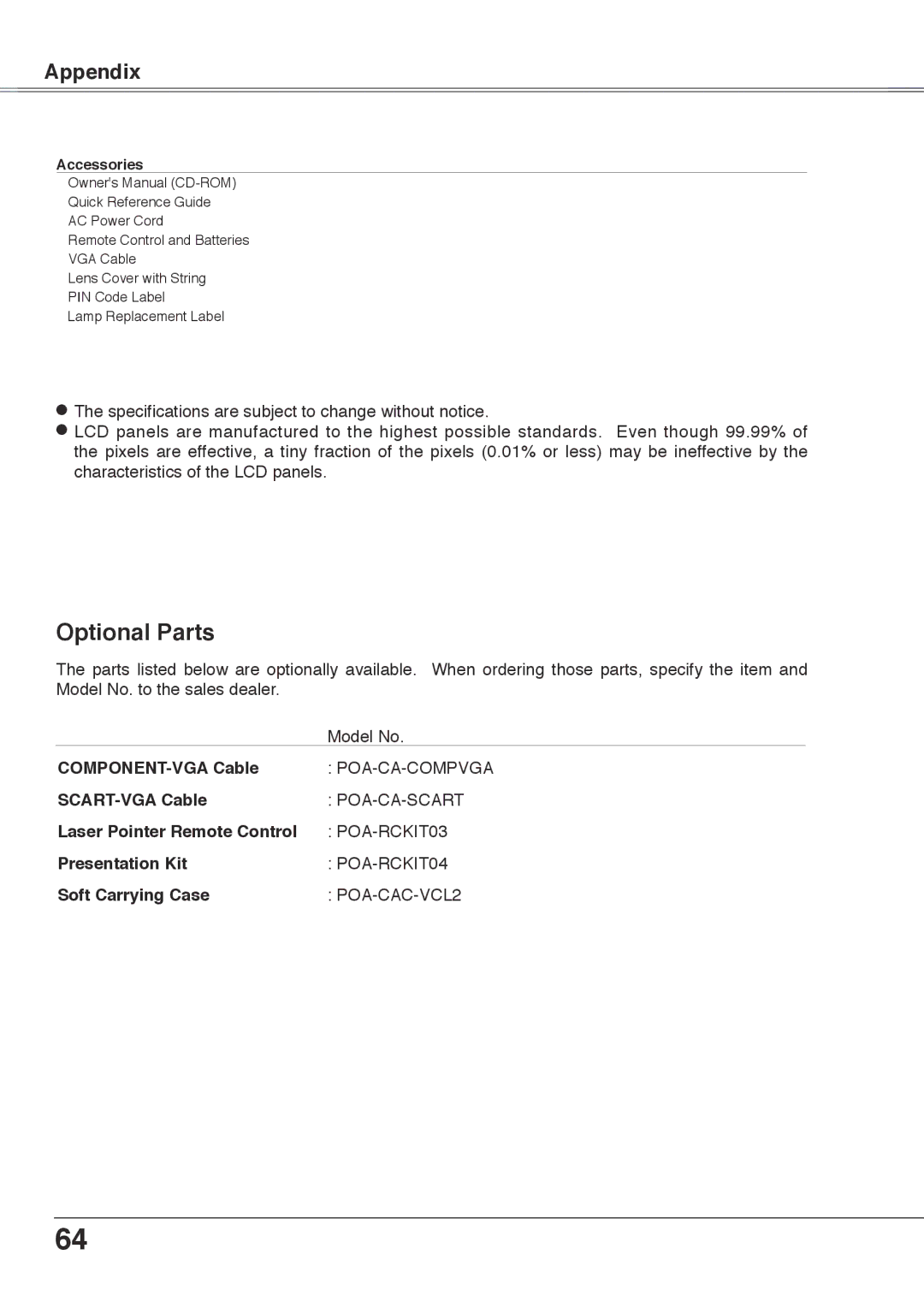 Sanyo PLC-XU78, PLC-XU75 owner manual Optional Parts 