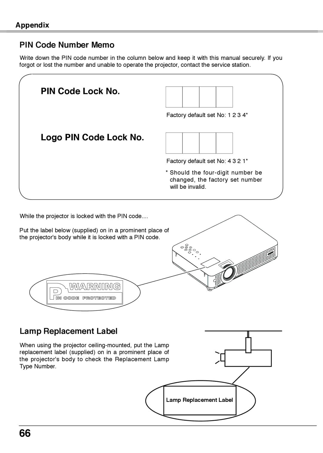 Sanyo PLC-XU78, PLC-XU75 owner manual PIN Code Number Memo, Lamp Replacement Label 