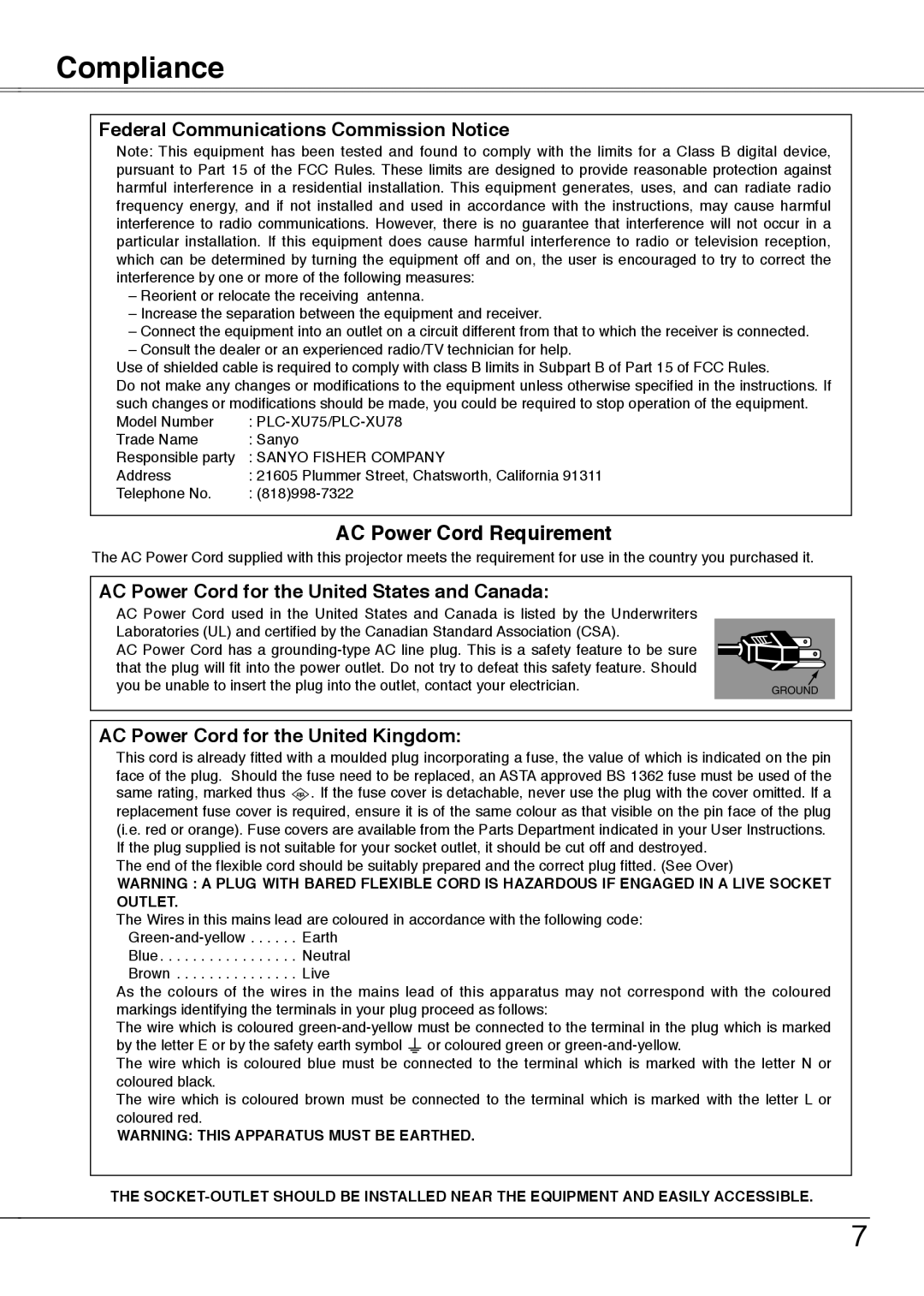 Sanyo PLC-XU75, PLC-XU78 owner manual Compliance, Federal Communications Commission Notice 