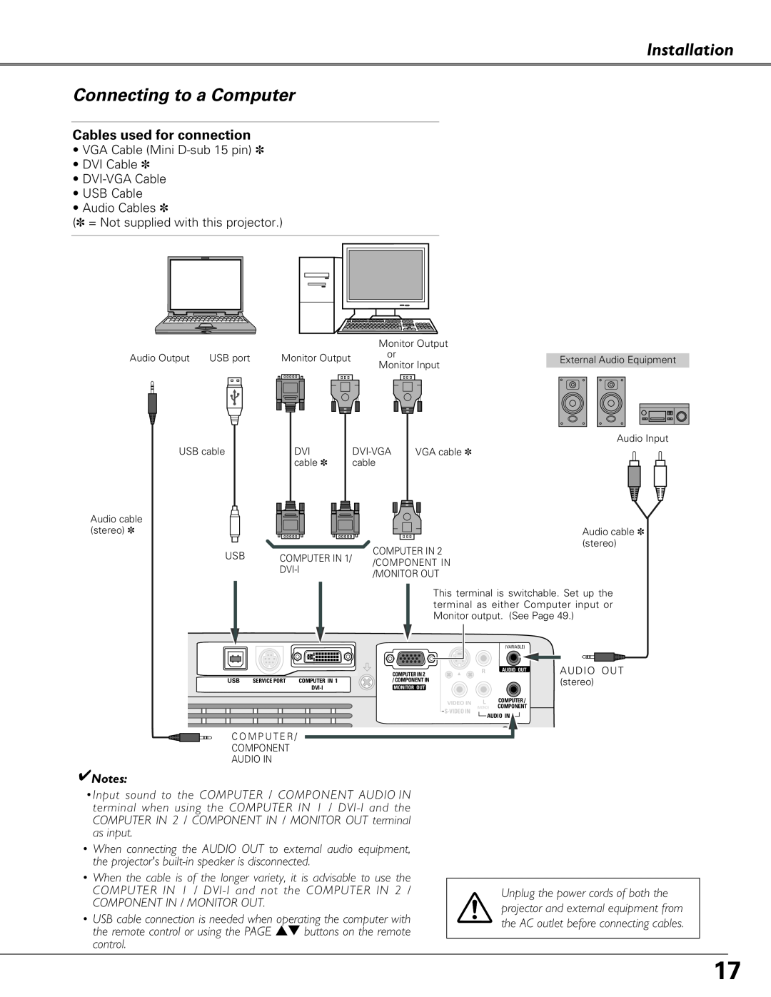 Sanyo PLC-XU84, PLC-XU87 owner manual Installation Connecting to a Computer, Cables used for connection 