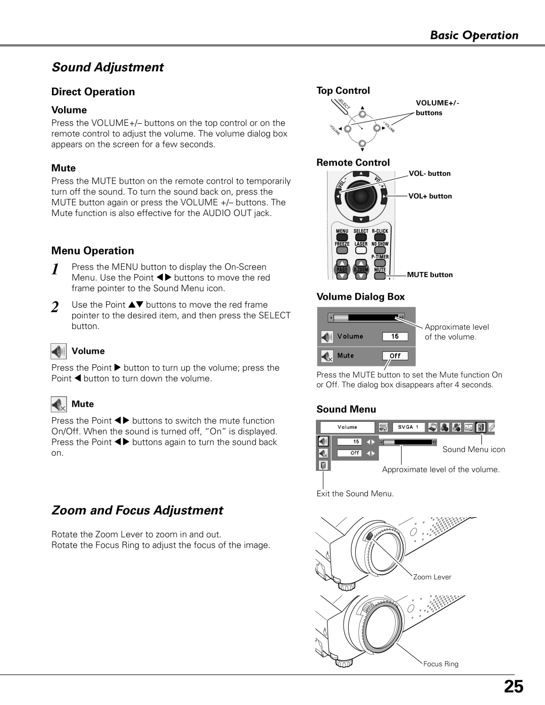 Sanyo PLC-XU84 Sound Adjustment, Zoom and Focus Adjustment, Direct Operation, Menu Operation, Basic Operation, Volume 