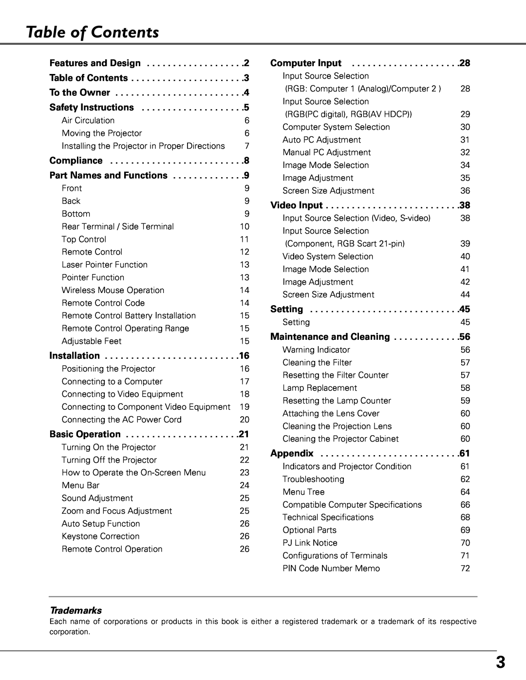Sanyo PLC-XU84, PLC-XU87 owner manual Table of Contents, Trademarks 