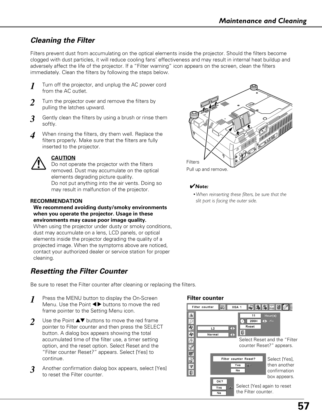 Sanyo PLC-XU84 Maintenance and Cleaning Cleaning the Filter, Resetting the Filter Counter, Recommendation, Filter counter 